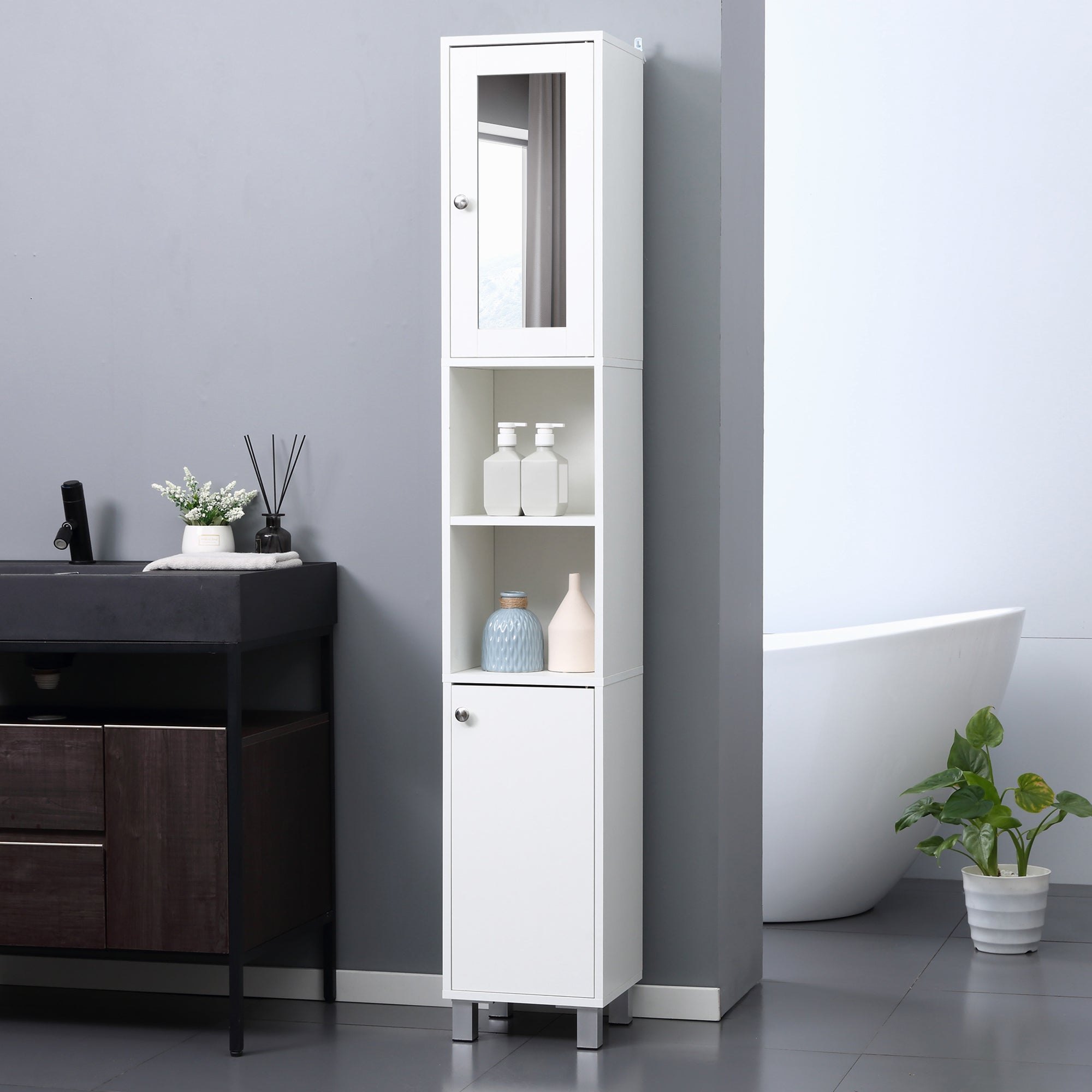 kleankin Tall Bathroom Storage Cabinet with Mirror, Freestanding Narrow Linen Tower Cabinet with Adjustable Shelves for Bathroom, White