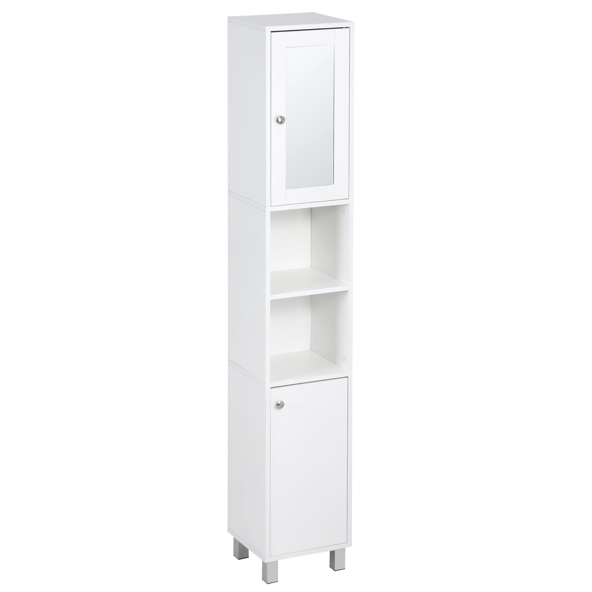 kleankin Tall Bathroom Storage Cabinet with Mirror, Freestanding Narrow Linen Tower Cabinet with Adjustable Shelves for Bathroom, White