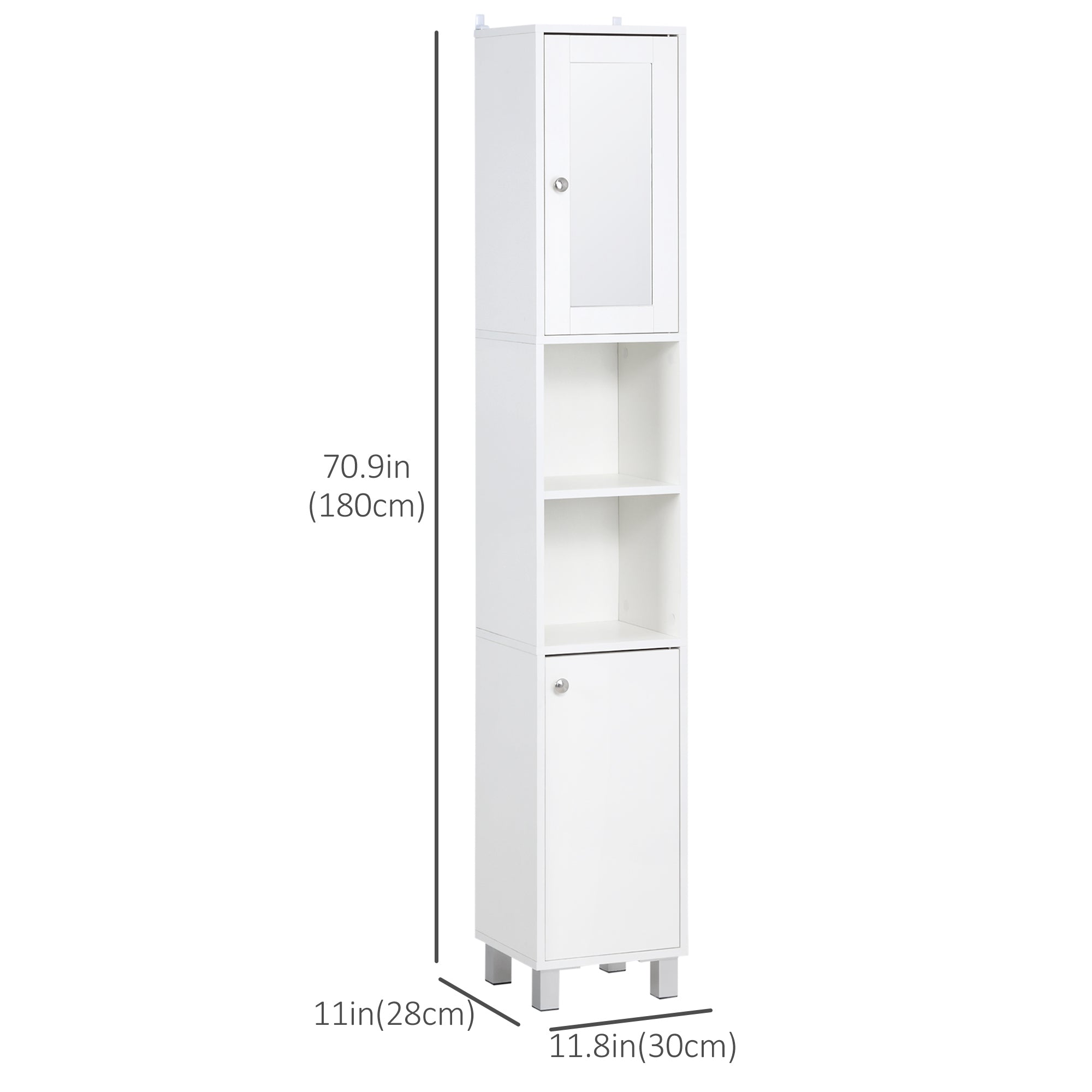 kleankin Tall Bathroom Storage Cabinet with Mirror, Freestanding Narrow Linen Tower Cabinet with Adjustable Shelves for Bathroom, White