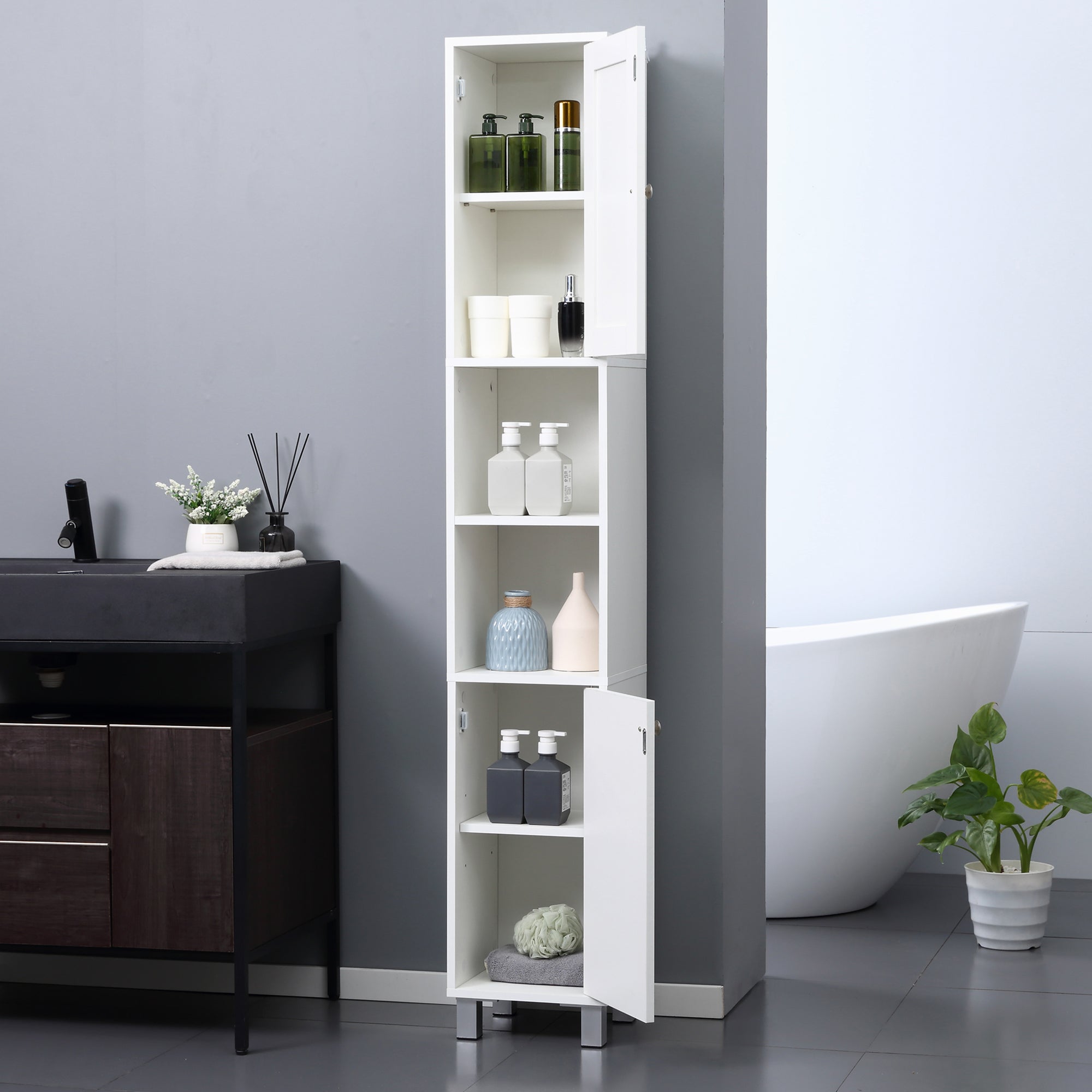 kleankin Tall Bathroom Storage Cabinet with Mirror, Freestanding Narrow Linen Tower Cabinet with Adjustable Shelves for Bathroom, White