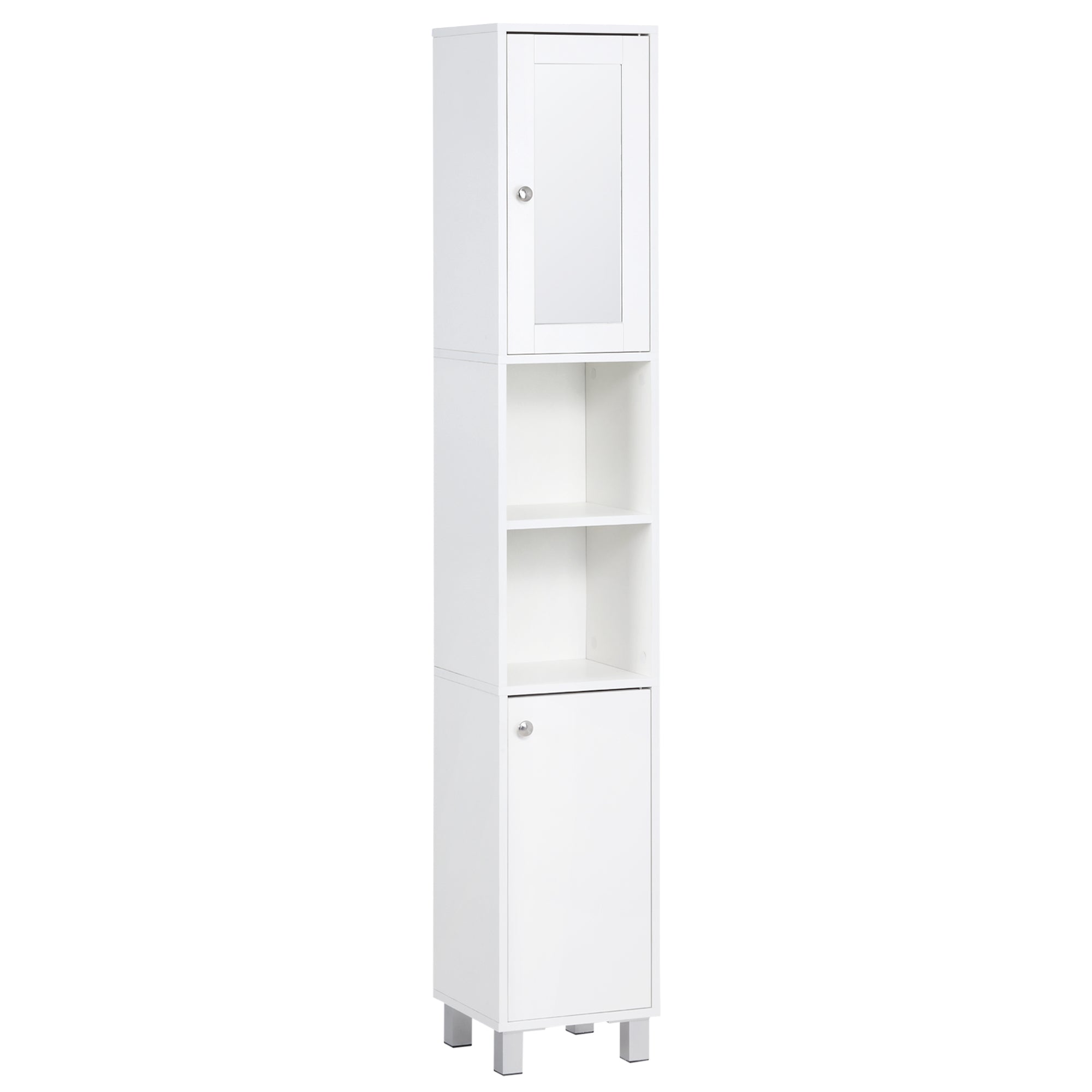 kleankin Tall Bathroom Storage Cabinet with Mirror, Freestanding Narrow Linen Tower Cabinet with Adjustable Shelves for Bathroom, White