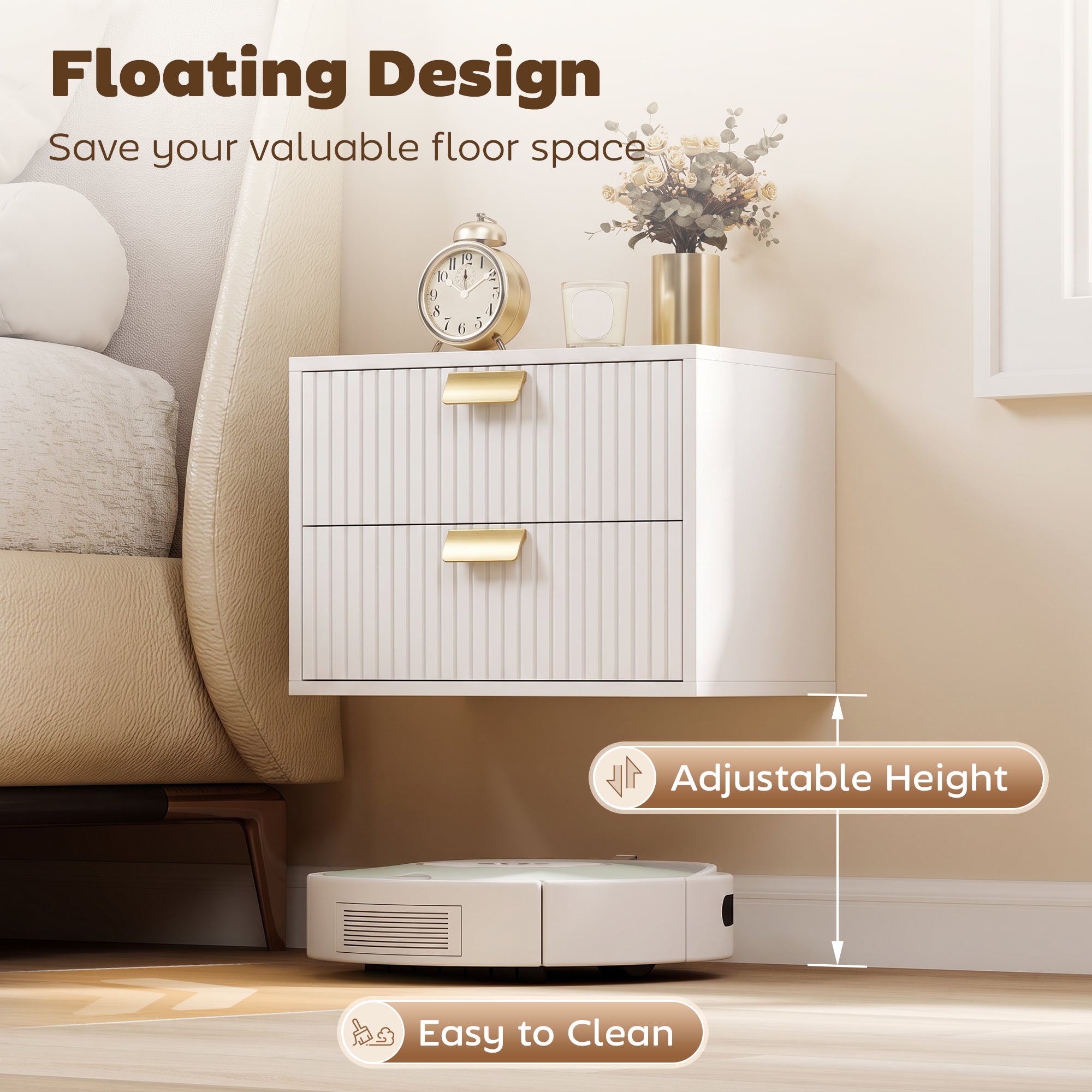 Modern Floating Nightstands Set of 2, Wall Mounted Bedside Tables with 2 Wave Drawers, Bedside Cabinets for Bedroom Living Room, White