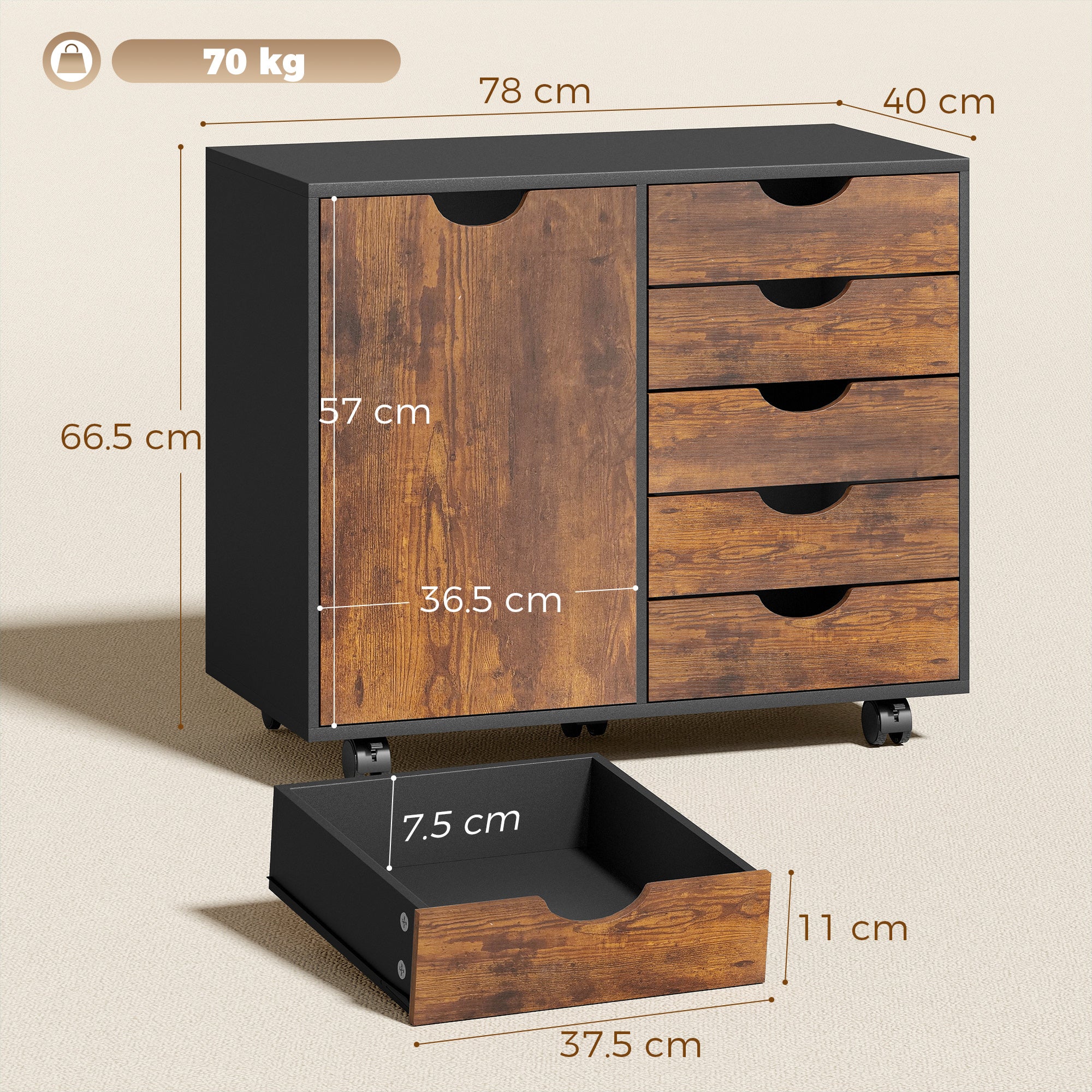 Lateral Office Storage Cabinet on Wheels, 5-Drawers Cabinet with Door and Adjustable Shelf for Home Office, Rustic Brown