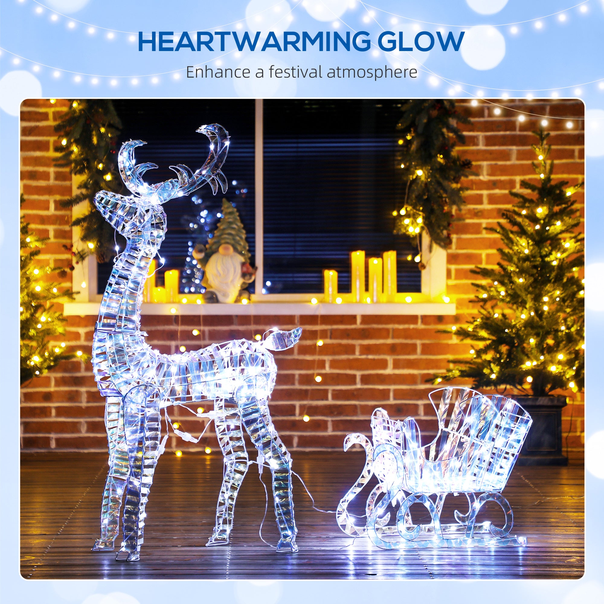 Lighted Christmas Reindeer with Sleigh, Outdoor Yard Reindeer with 170 Warm White LED Lights, Holiday Decor with Stakes, IP44 Waterproof, Silver