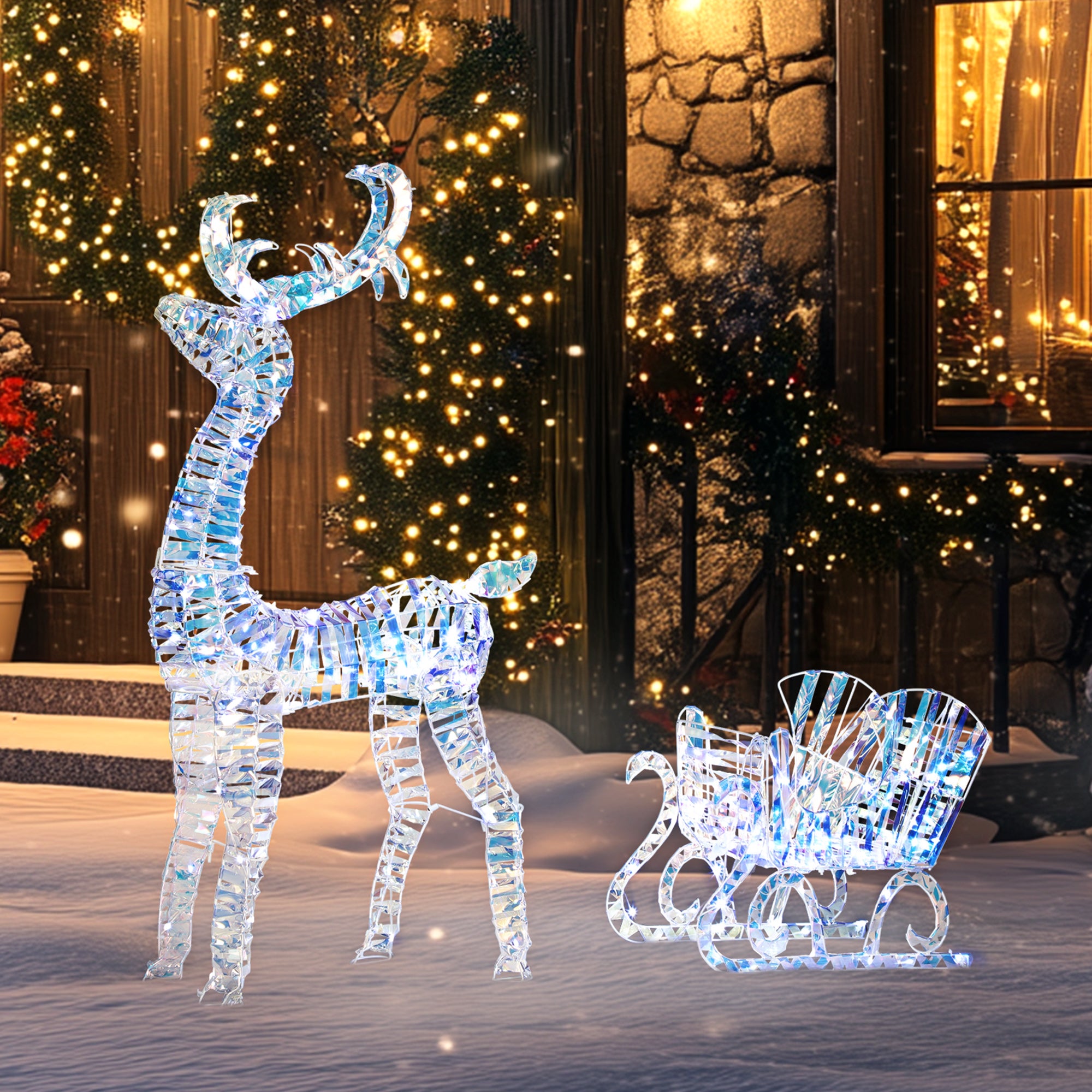 Lighted Christmas Reindeer with Sleigh, Outdoor Yard Reindeer with 170 Warm White LED Lights, Holiday Decor with Stakes, IP44 Waterproof, Silver