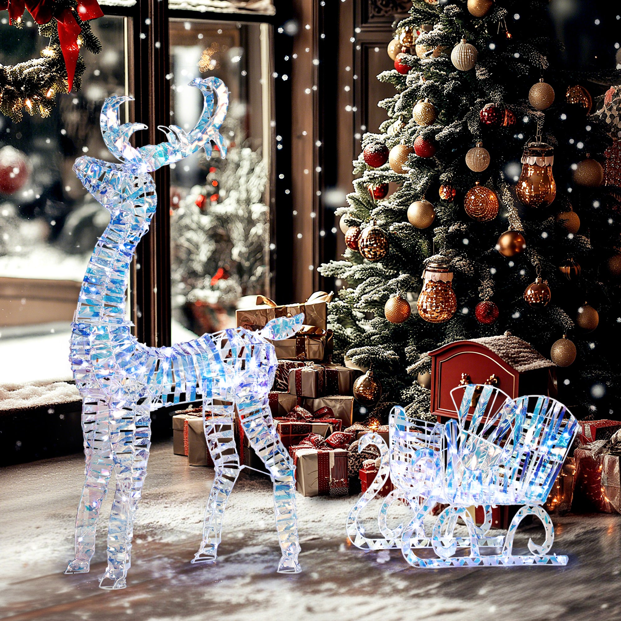 Lighted Christmas Reindeer with Sleigh, Outdoor Yard Reindeer with 170 Warm White LED Lights, Holiday Decor with Stakes, IP44 Waterproof, Silver