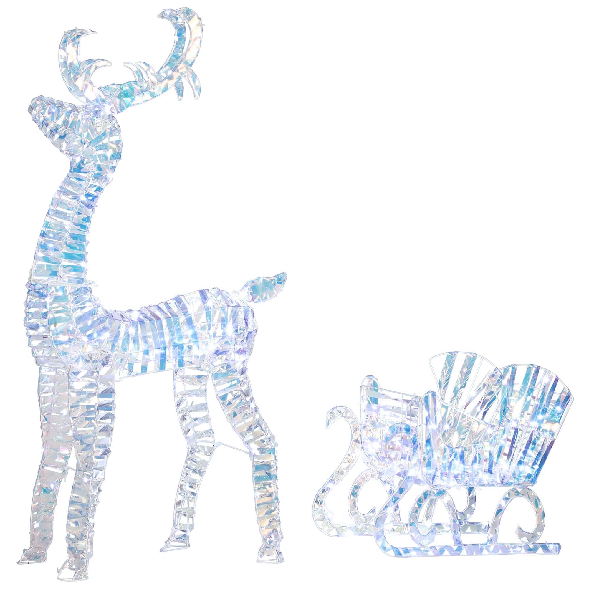 Lighted Christmas Reindeer with Sleigh, Outdoor Yard Reindeer with 170 Warm White LED Lights, Holiday Decor with Stakes, IP44 Waterproof, Silver