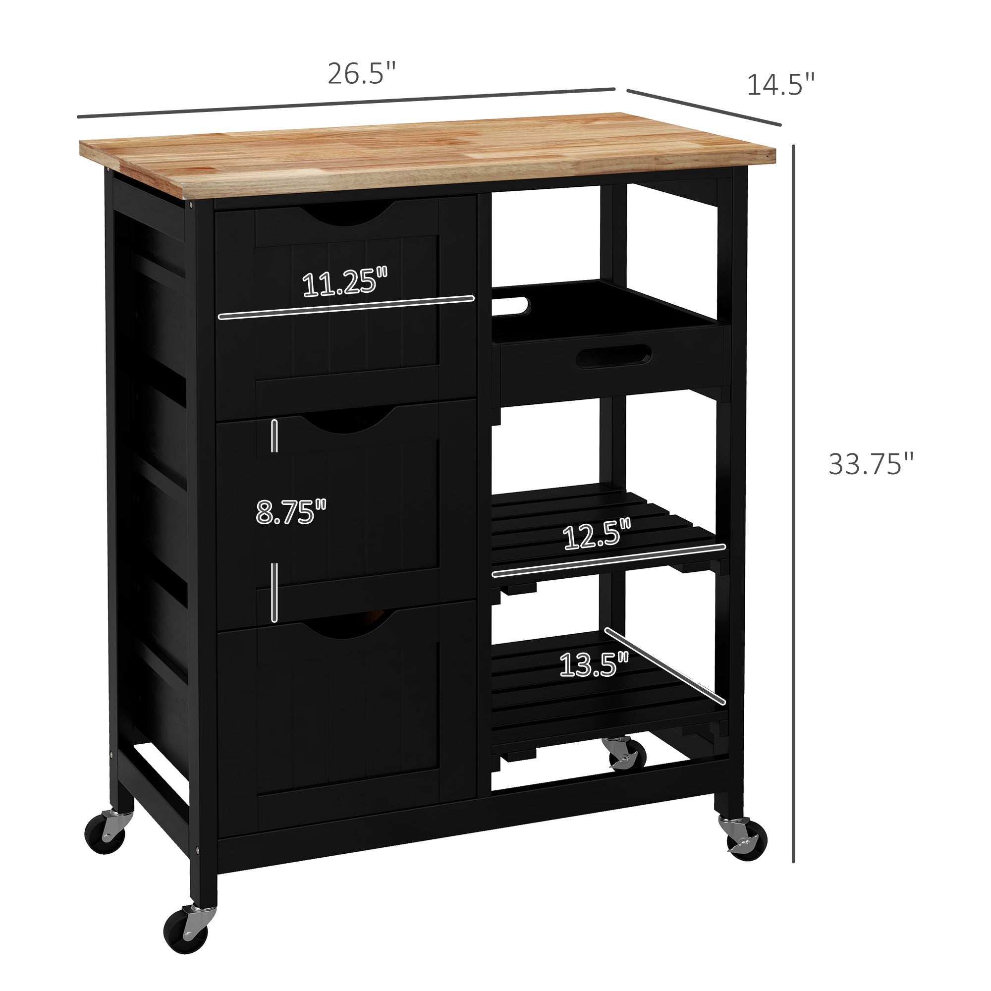 Rolling Kitchen Cart, Kitchen Island with Wood Top, Shelves & Drawers for Dining Area, Black