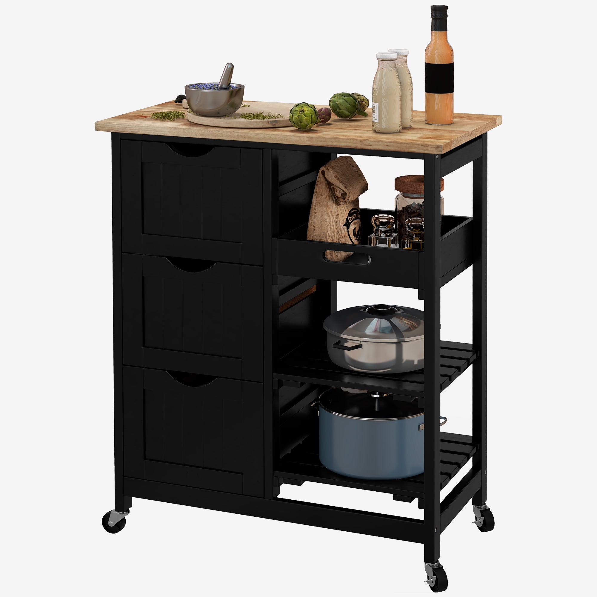 Rolling Kitchen Cart, Kitchen Island with Wood Top, Shelves & Drawers for Dining Area, Black