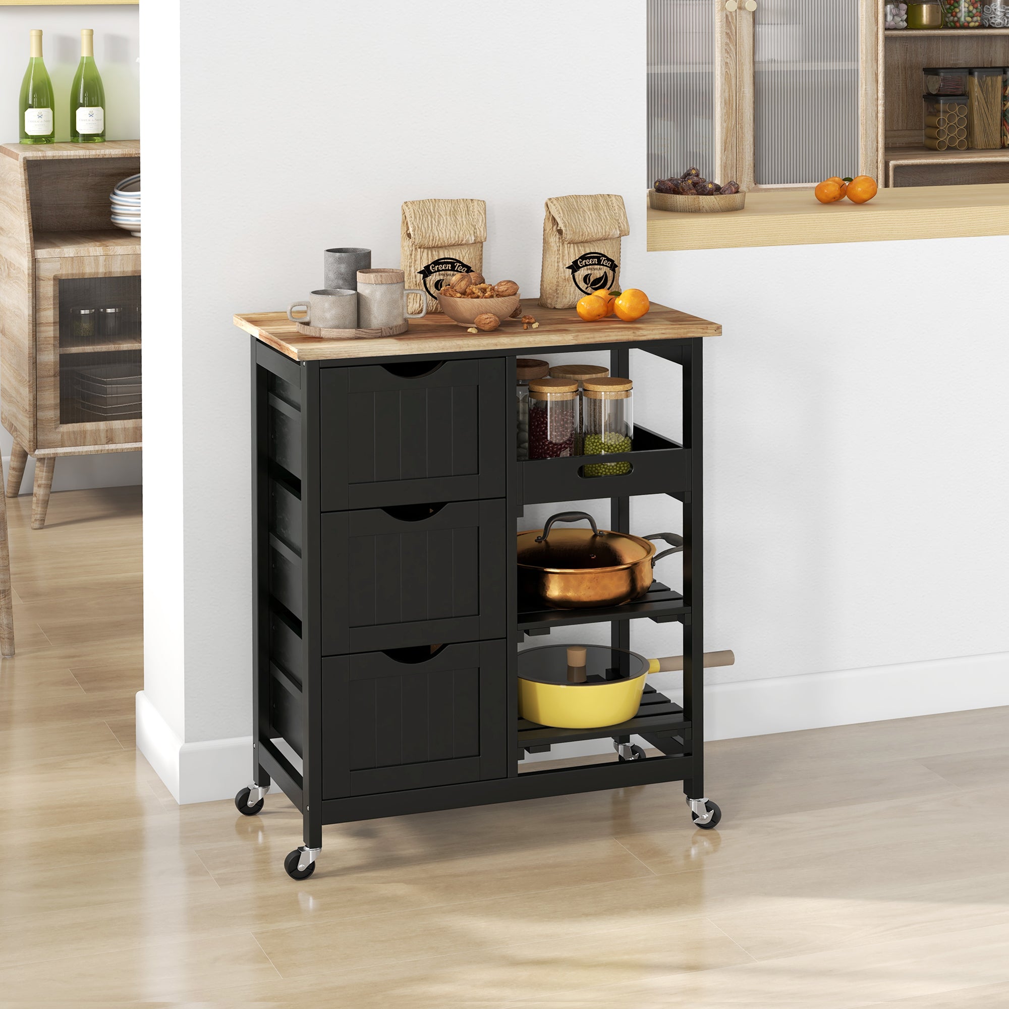 Rolling Kitchen Cart, Kitchen Island with Wood Top, Shelves & Drawers for Dining Area, Black