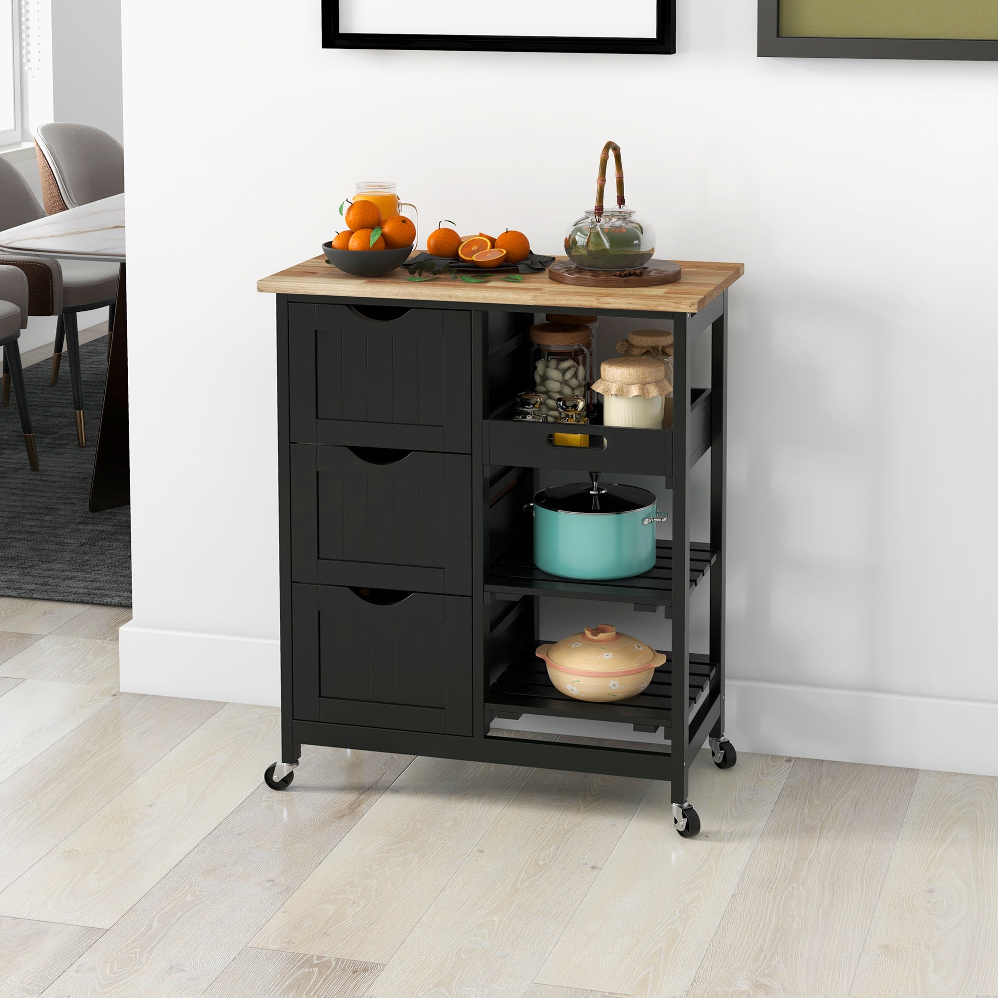 Rolling Kitchen Cart, Kitchen Island with Wood Top, Shelves & Drawers for Dining Area, Black