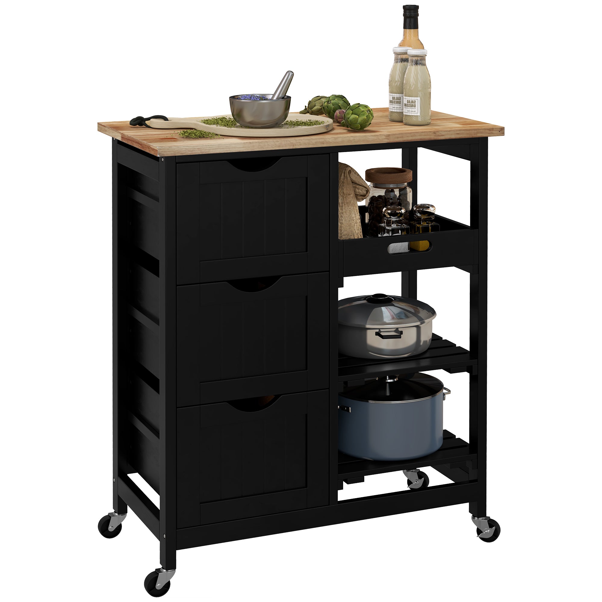 Rolling Kitchen Cart, Kitchen Island with Wood Top, Shelves & Drawers for Dining Area, Black