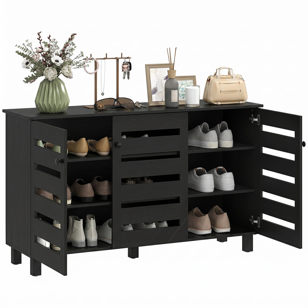 Shoe Cabinet, Shoe Storage Cabinet with 3 Slatted Doors, 3-tier Shelving Shoe Rack Cabinet with Adjustable Shelves for Entryway, Hallway, Living Room, Holds 15 Pairs, Black