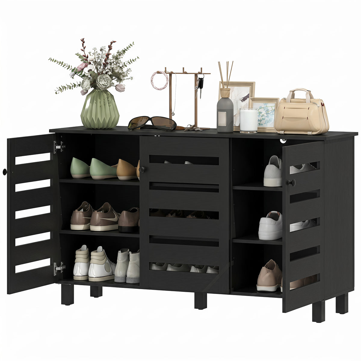 Shoe Cabinet, Shoe Storage Cabinet with 3 Slatted Doors, 3-tier Shelving Shoe Rack Cabinet with Adjustable Shelves for Entryway, Hallway, Living Room, Holds 15 Pairs, Black
