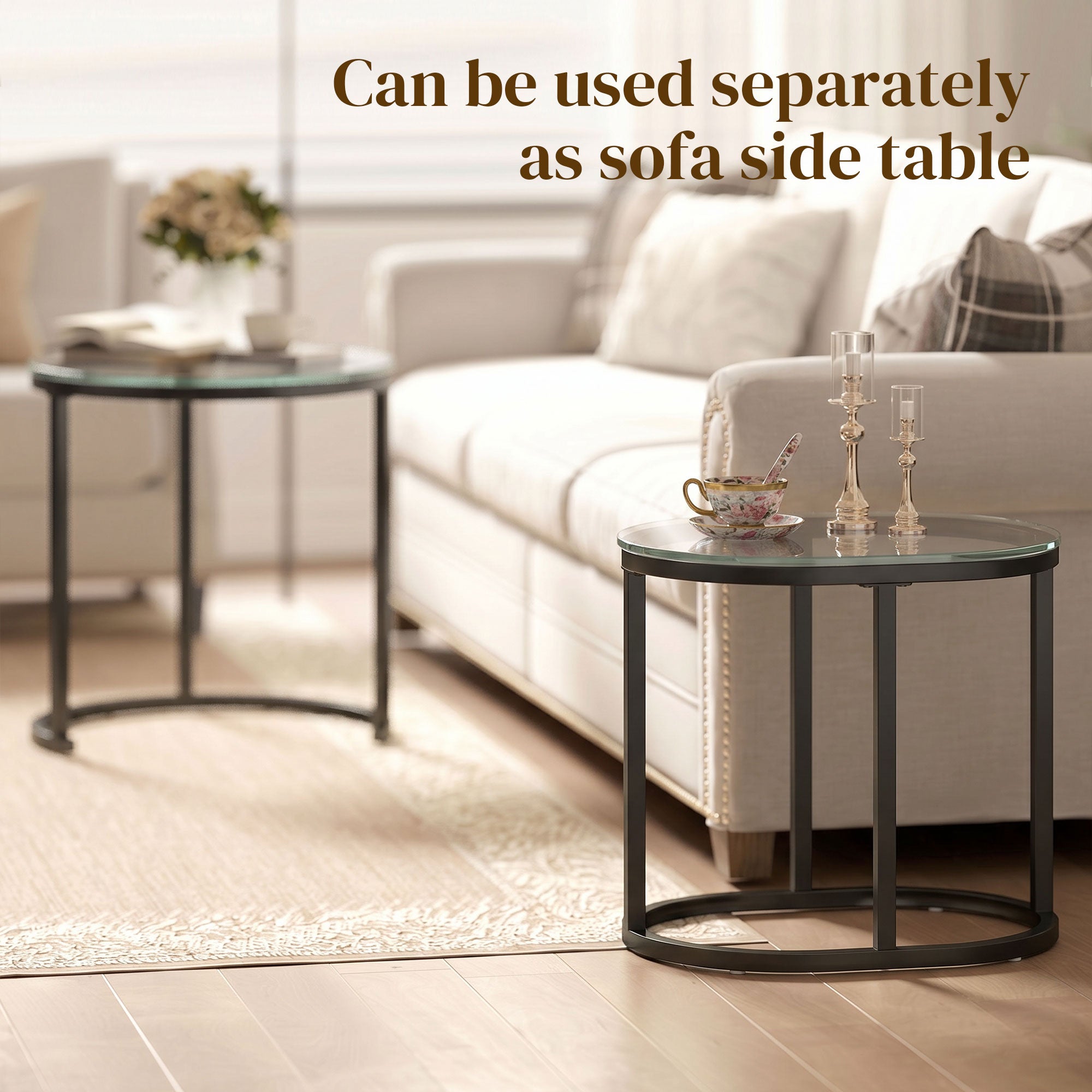 Modern Coffee Table Set of 2, Nest of Tables with Steel Frame and Tempered Glass Tabletop, Side Tables for Living Room Bedroom, Black