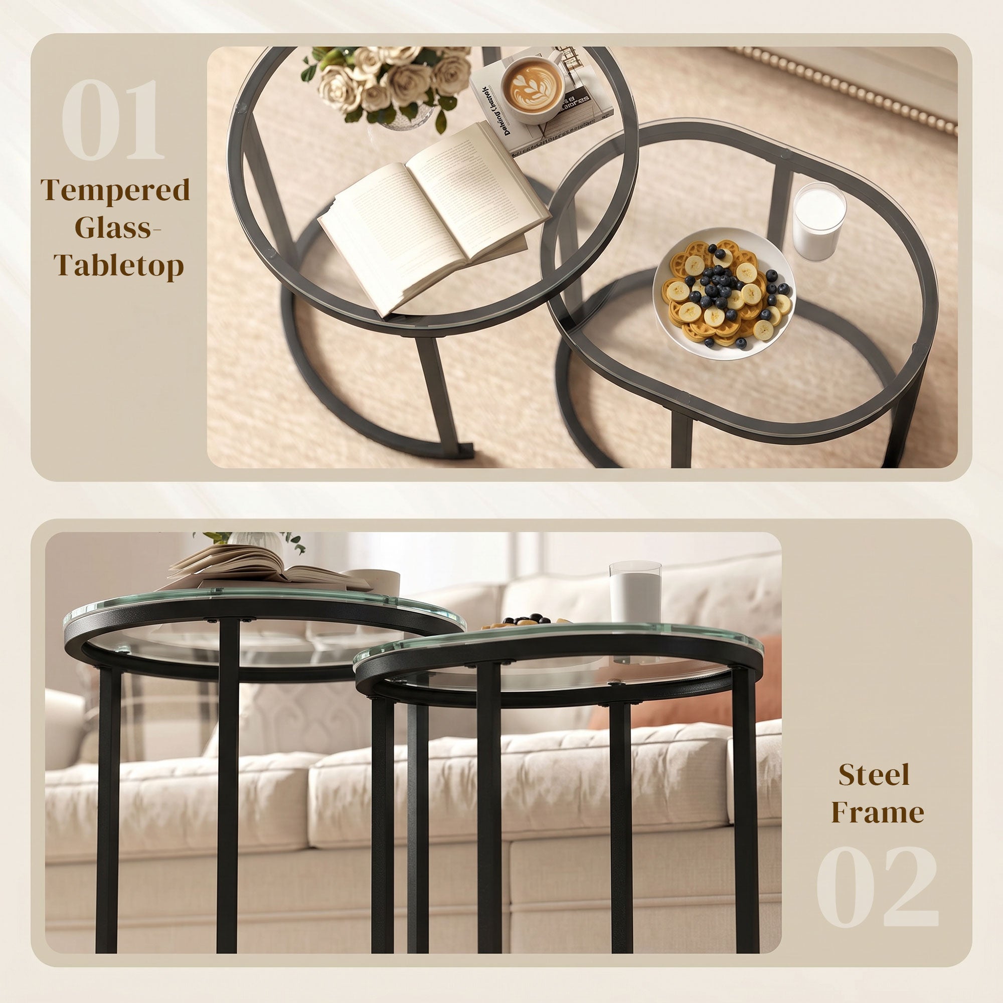 Modern Coffee Table Set of 2, Nest of Tables with Steel Frame and Tempered Glass Tabletop, Side Tables for Living Room Bedroom, Black