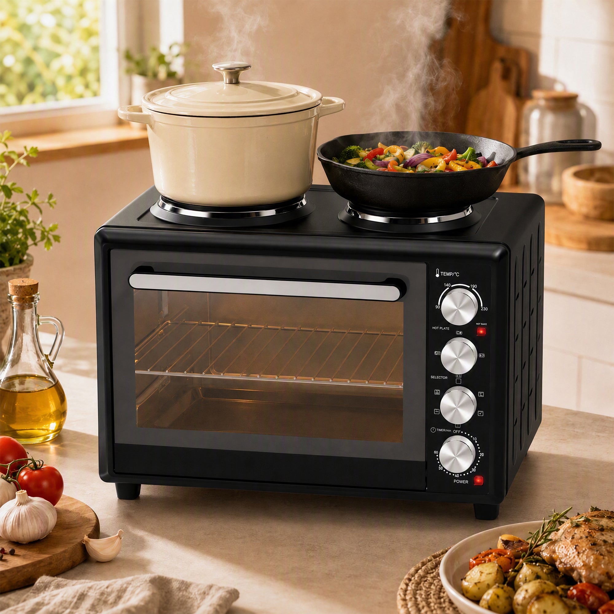 36L Mini Oven with Dual Hot Plates, Electric Countertop Cooker with Convection, 90–230°C Adjustable Temperature, 60 Minute Timer, Portable Oven with Wire Rack & Baking Tray, 1500W, Black