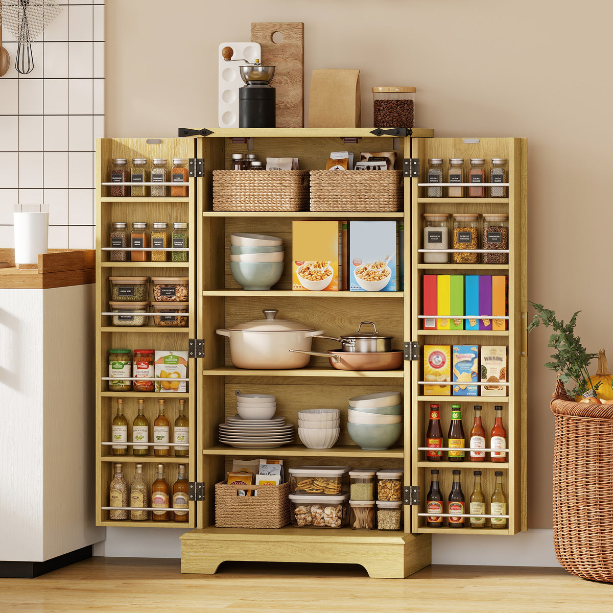 46" Kitchen Pantry Cabinet with Doors and Adjustable Shelves, Freestanding Fluted Pantry Storage Cabinet with Spice Racks, Farmhouse Buffet Sideboard for Kitchen, Dining Room