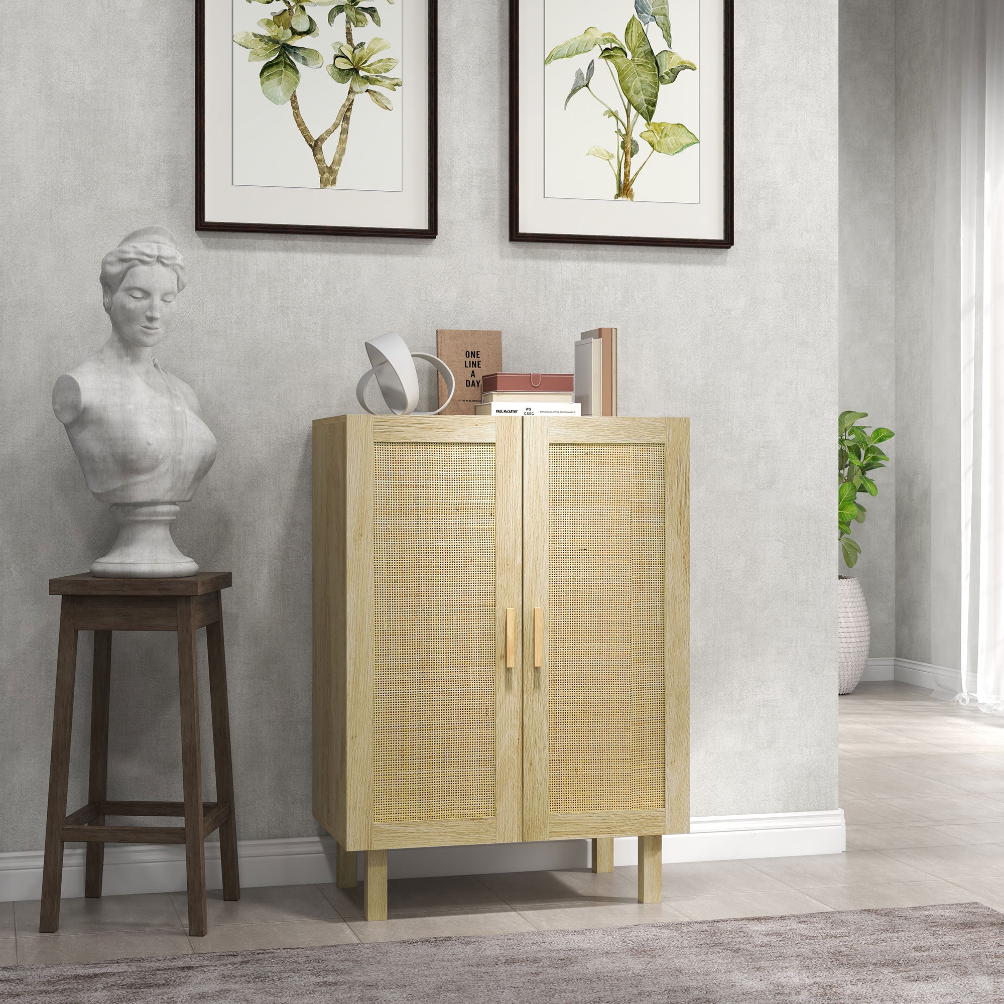 Boho Sideboard, Buffet Cabinet with Storage, 29" Coffee Bar Cabinet with Rattan Doors and Adjustable Shelves, Natural Wood