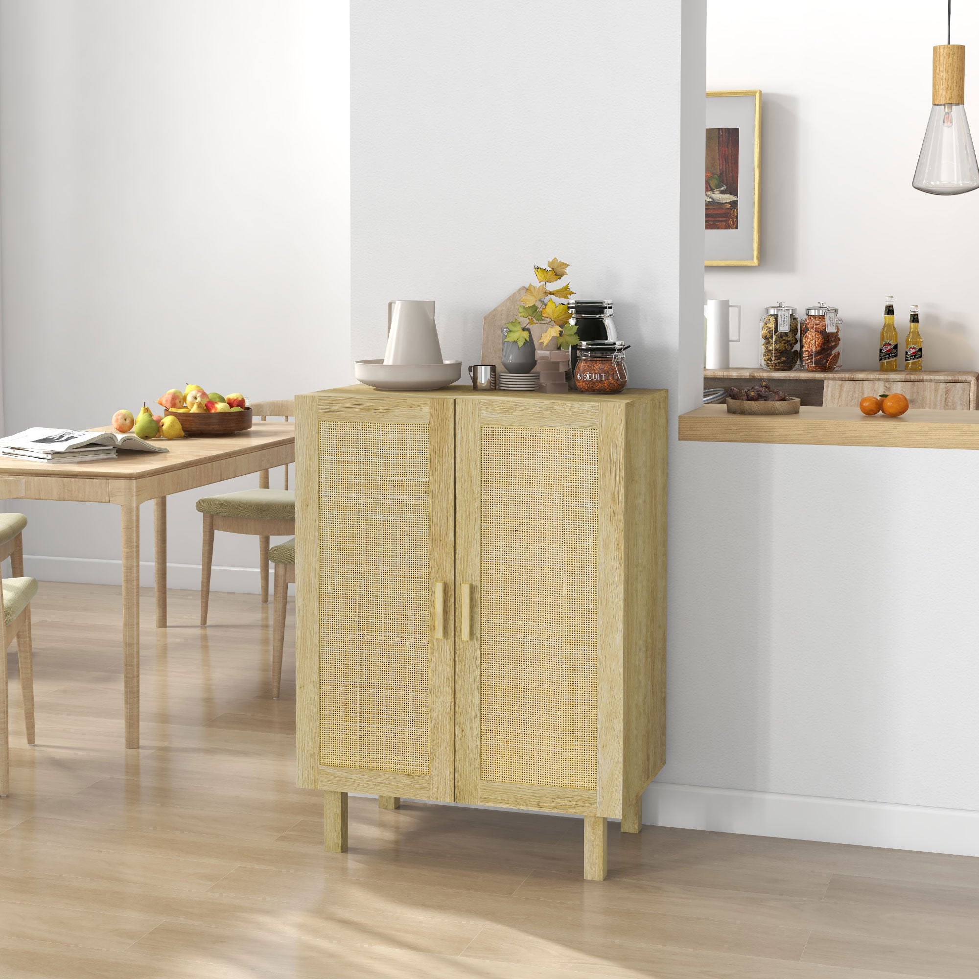 Boho Sideboard, Buffet Cabinet with Storage, 29" Coffee Bar Cabinet with Rattan Doors and Adjustable Shelves, Natural Wood