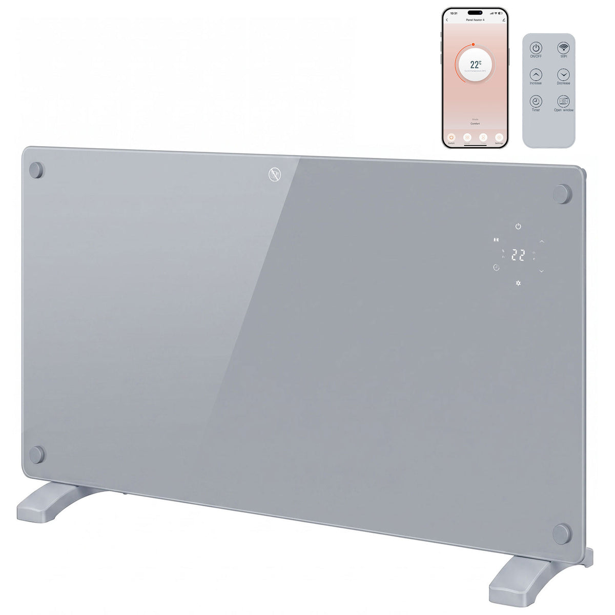 1500W Smart Glass Panel Heater Wall Mounted & Freestanding, Wifi Enabled, Works With Alexa & Google Home, Electric Heater with Weekly Timer, Open Window & Anti-Frost Mode, Thermostat, Grey