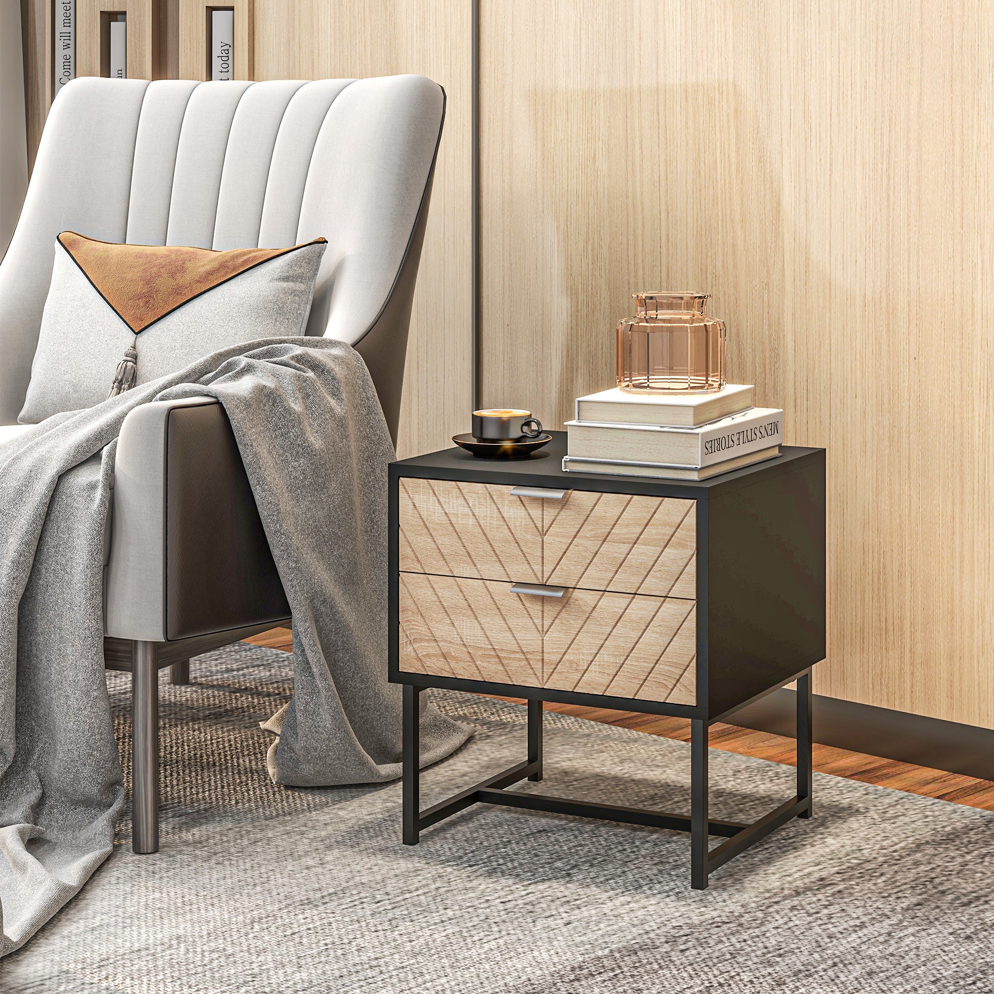 HOMCOM Modern Bedside Table with 2 Drawers, Nightstand with Metal Base, Sofa End Table for Bedroom, Black