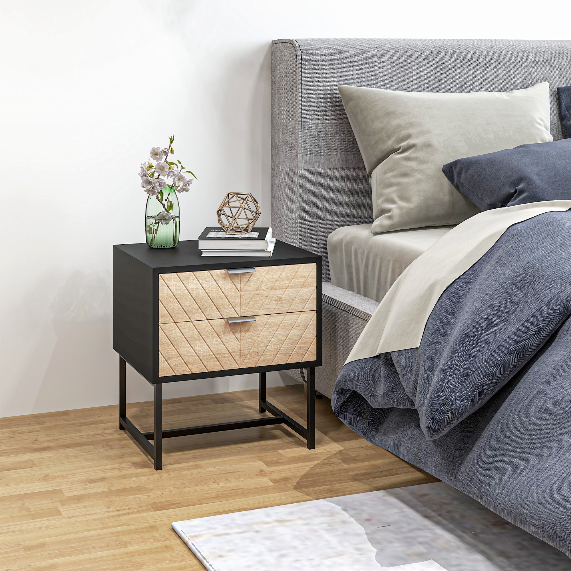 HOMCOM Modern Bedside Table with 2 Drawers, Nightstand with Metal Base, Sofa End Table for Bedroom, Black