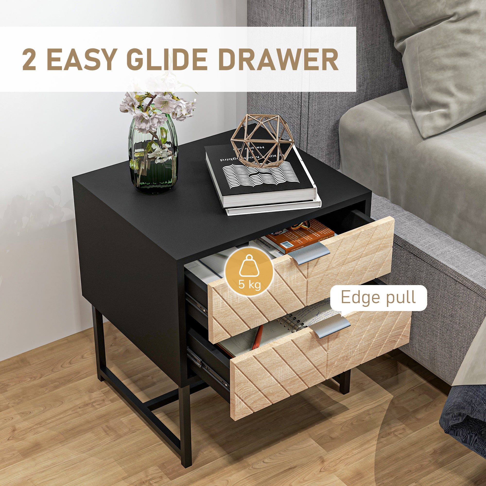 HOMCOM Modern Bedside Table with 2 Drawers, Nightstand with Metal Base, Sofa End Table for Bedroom, Black