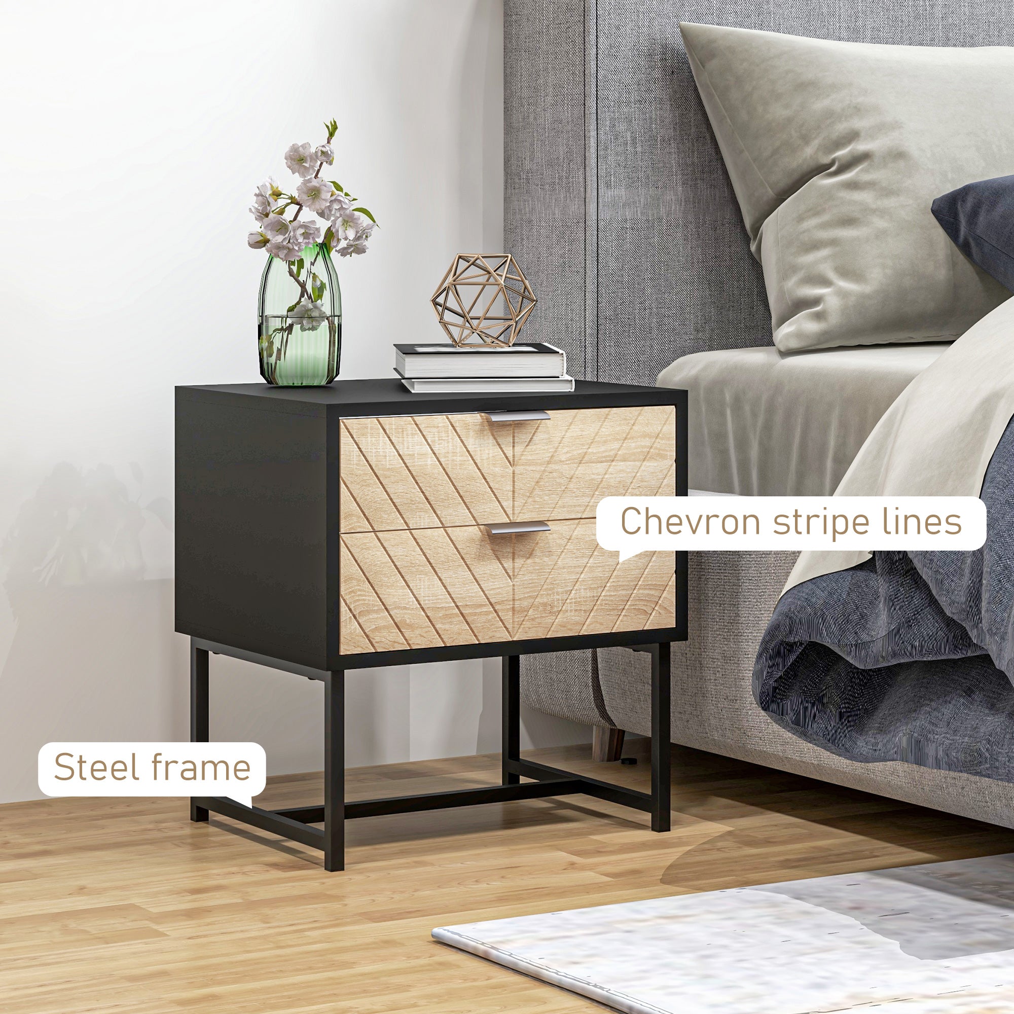 HOMCOM Modern Bedside Table with 2 Drawers, Nightstand with Metal Base, Sofa End Table for Bedroom, Black