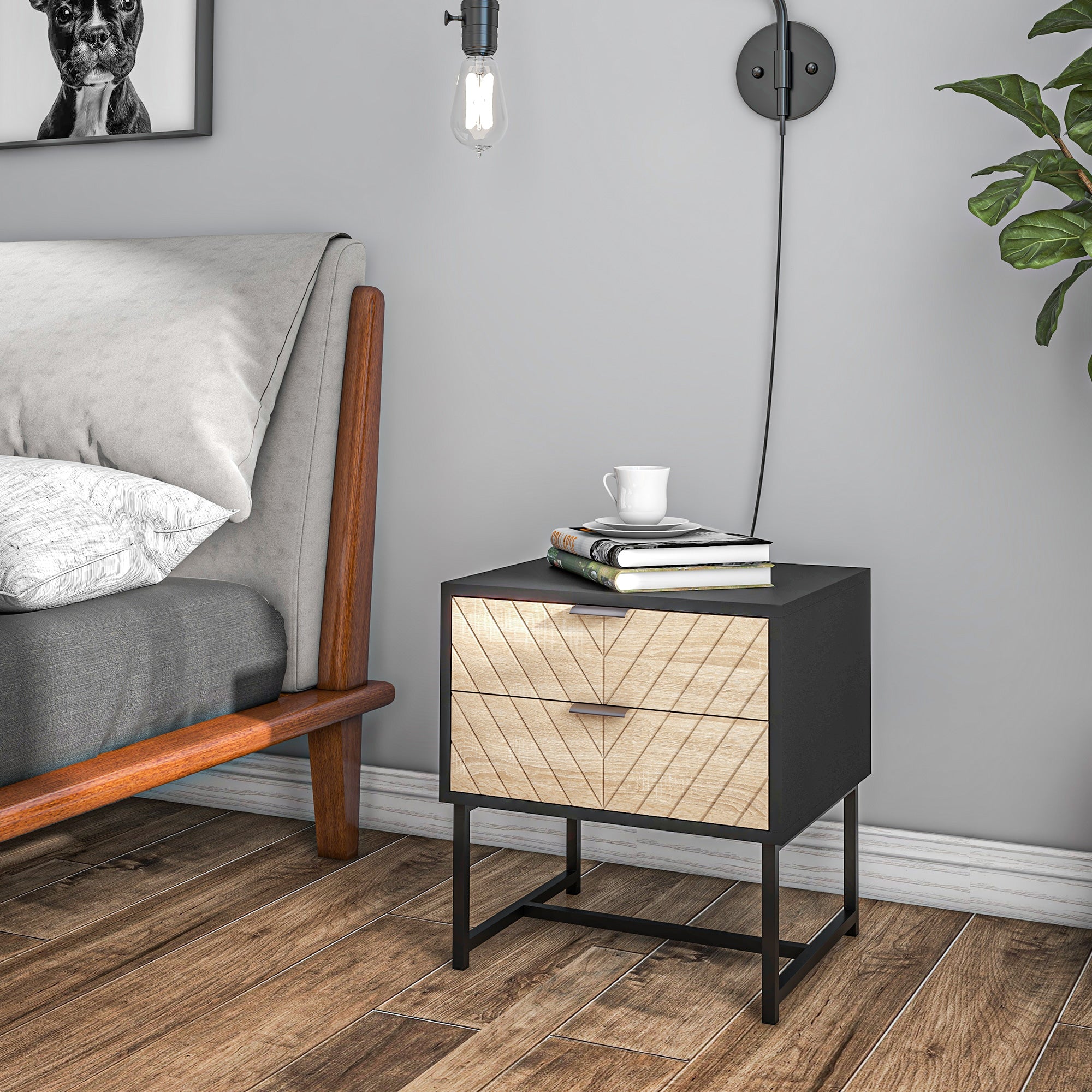 HOMCOM Modern Bedside Table with 2 Drawers, Nightstand with Metal Base, Sofa End Table for Bedroom, Black