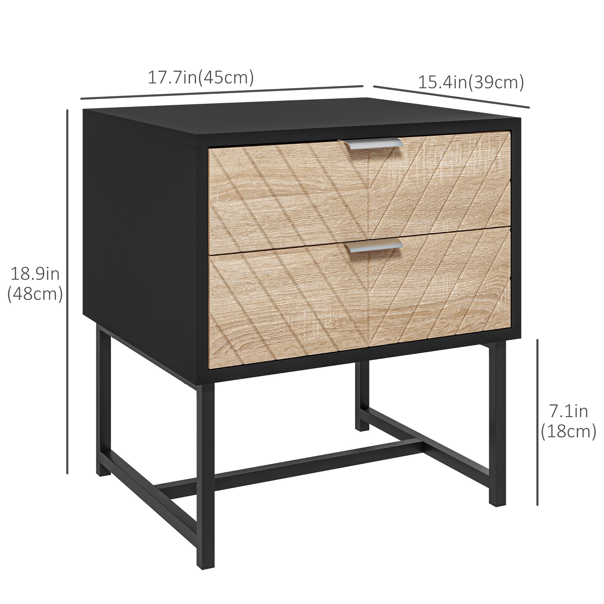 HOMCOM Modern Bedside Table with 2 Drawers, Nightstand with Metal Base, Sofa End Table for Bedroom, Black
