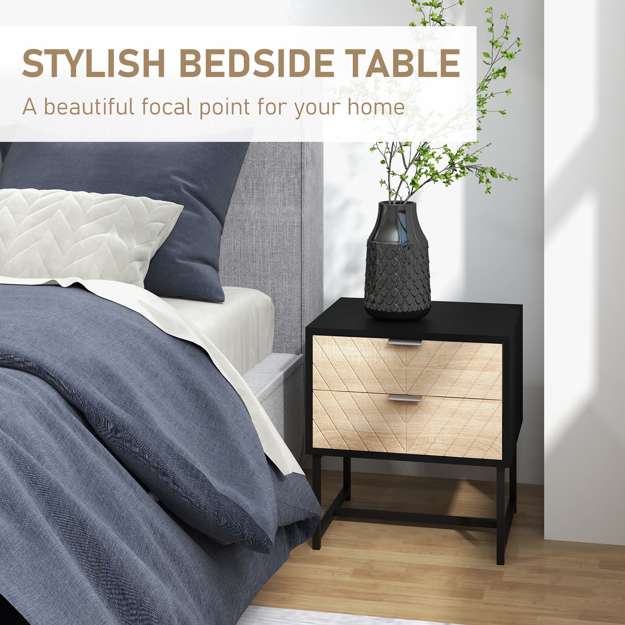 HOMCOM Modern Bedside Table with 2 Drawers, Nightstand with Metal Base, Sofa End Table for Bedroom, Black