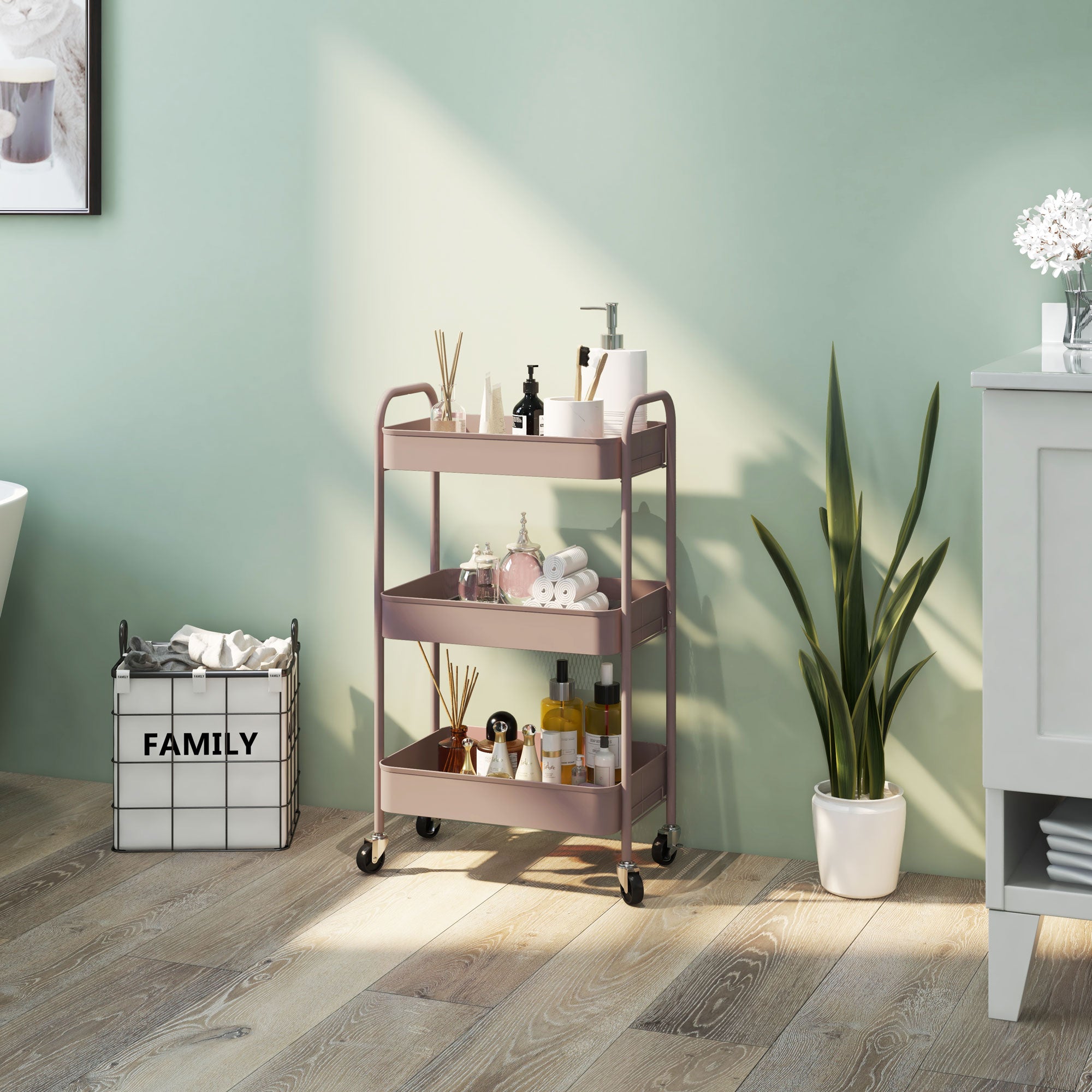 HOMCOM 3-tier Storage Trolley on Wheels, Metal Storage Cart, Rolling Ultility Cart with 3 Mesh Baskets for Living Room, Kitchen, Pink