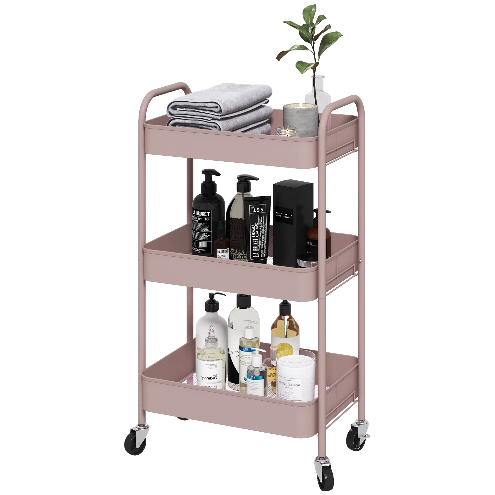HOMCOM 3-tier Storage Trolley on Wheels, Metal Storage Cart, Rolling Ultility Cart with 3 Mesh Baskets for Living Room, Kitchen, Pink