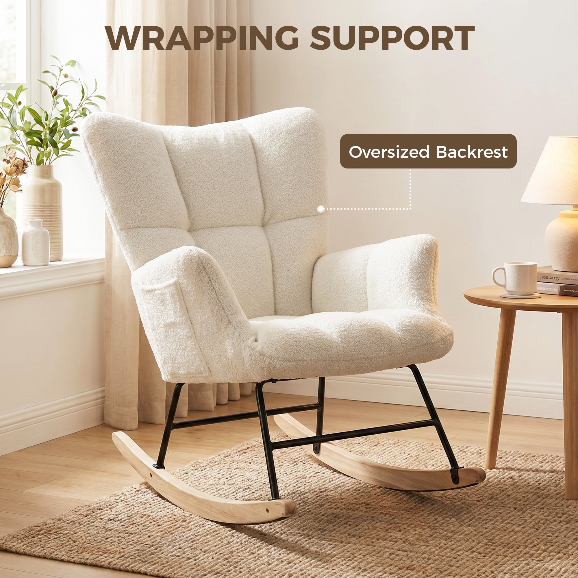 Rocking Chair with Side Pockets, Wingback Tufted Rocker Chair with Teddy Fleece Upholstered, Rubber Wood Legs for Living Room, Bedroom, Cream White