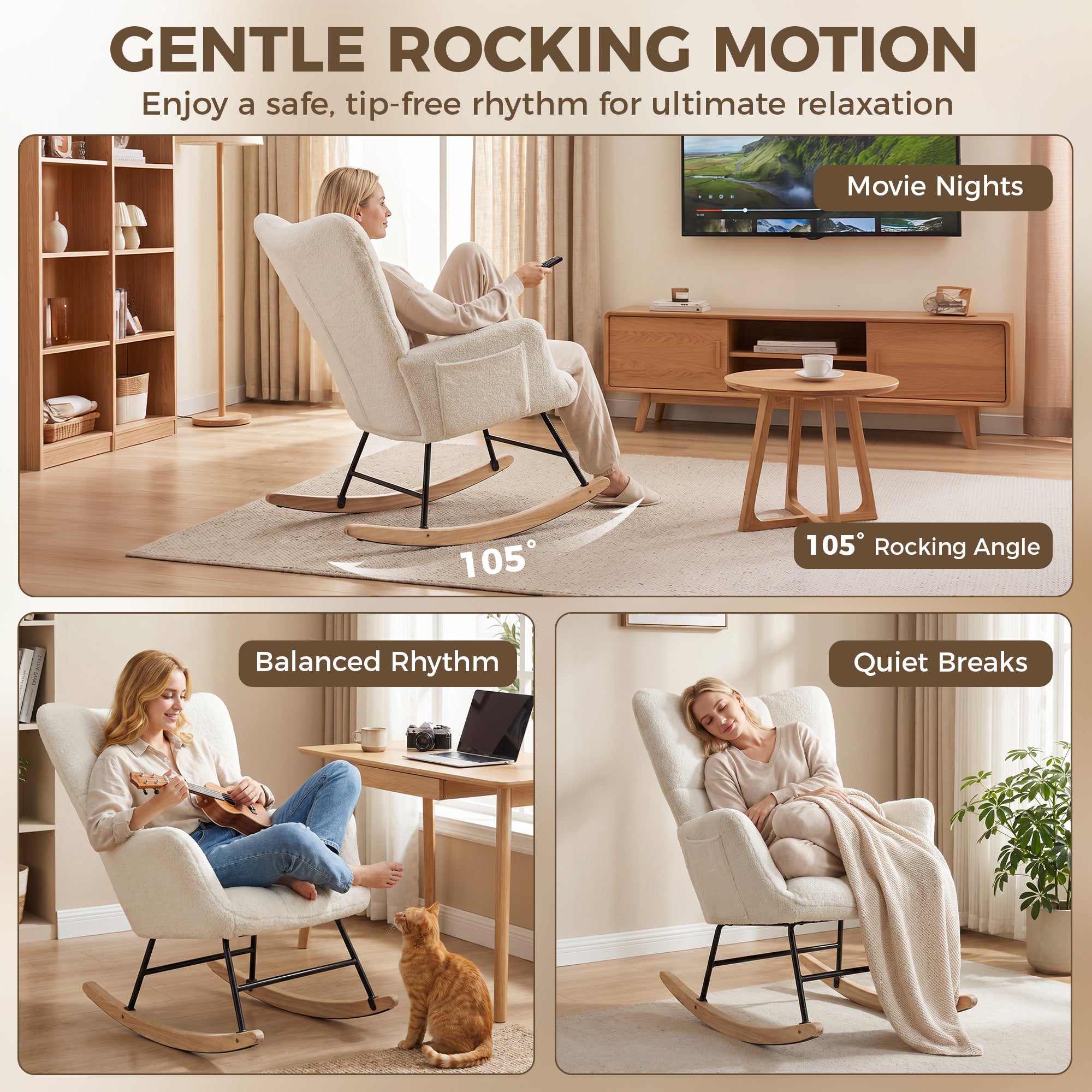 Rocking Chair with Side Pockets, Wingback Tufted Rocker Chair with Teddy Fleece Upholstered, Rubber Wood Legs for Living Room, Bedroom, Cream White
