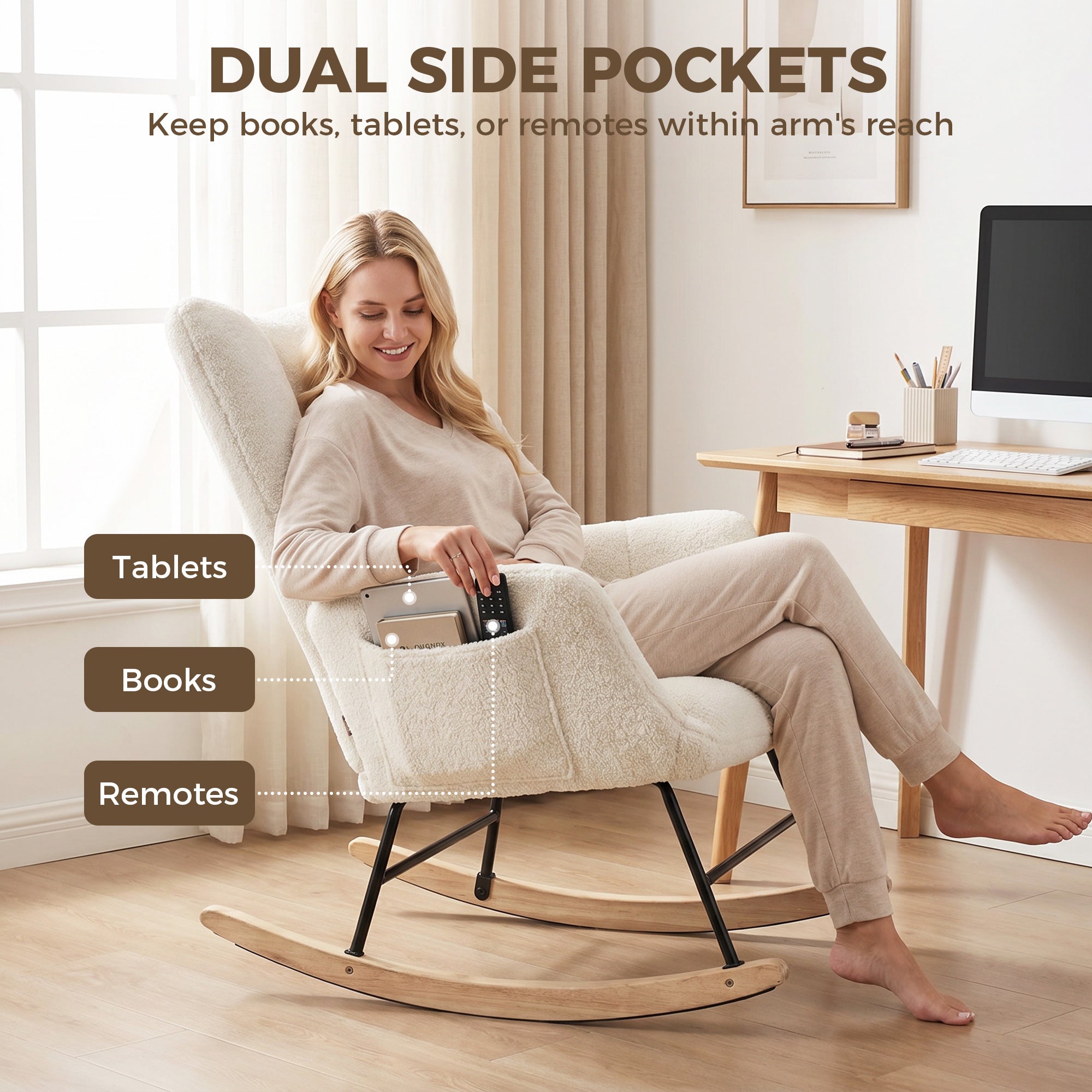 Rocking Chair with Side Pockets, Wingback Tufted Rocker Chair with Teddy Fleece Upholstered, Rubber Wood Legs for Living Room, Bedroom, Cream White