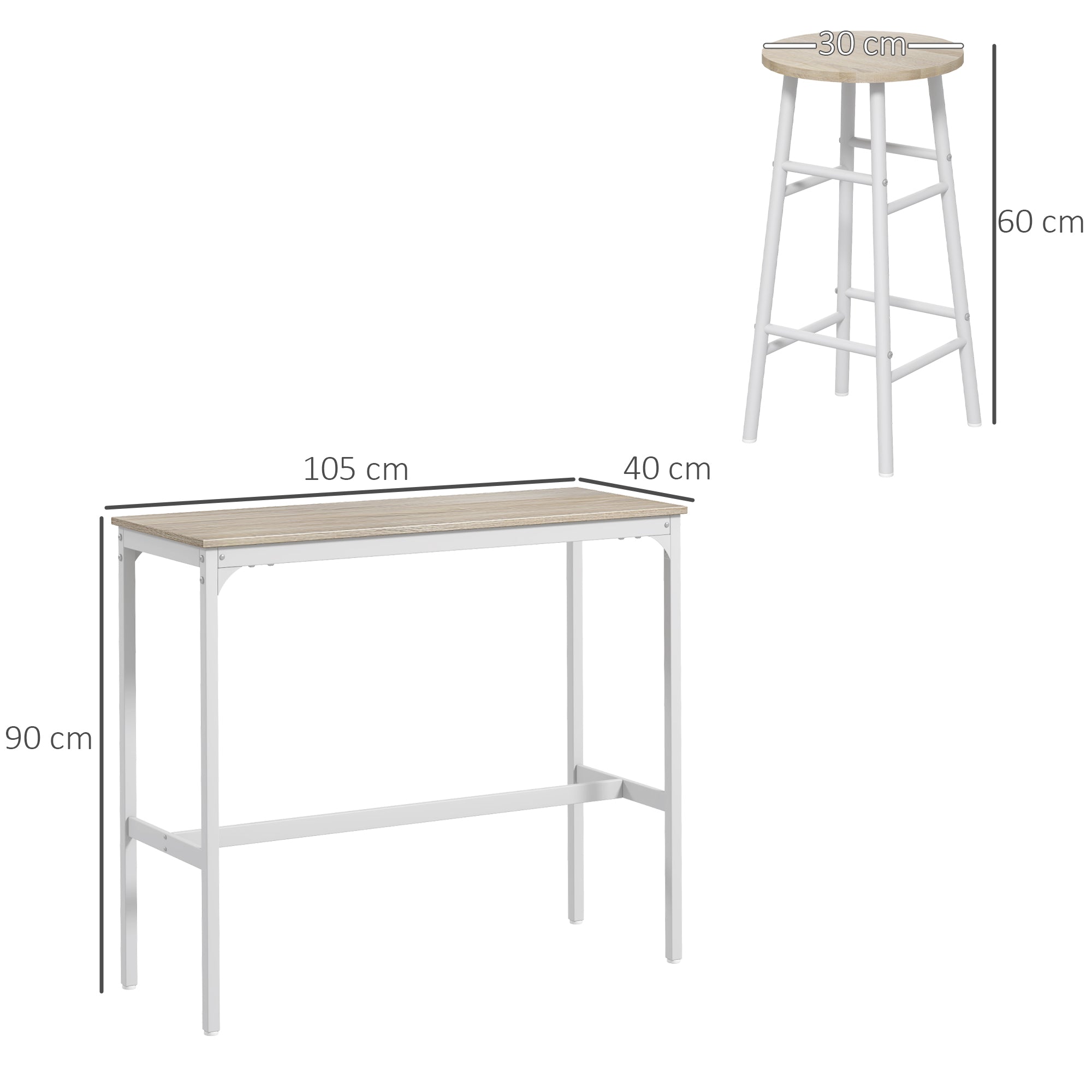 3 Piece Bar Table Set with 2 Stools, Industrial Bar Table and Stool Set, Dining Table and Chair Set for Small Space, Oak