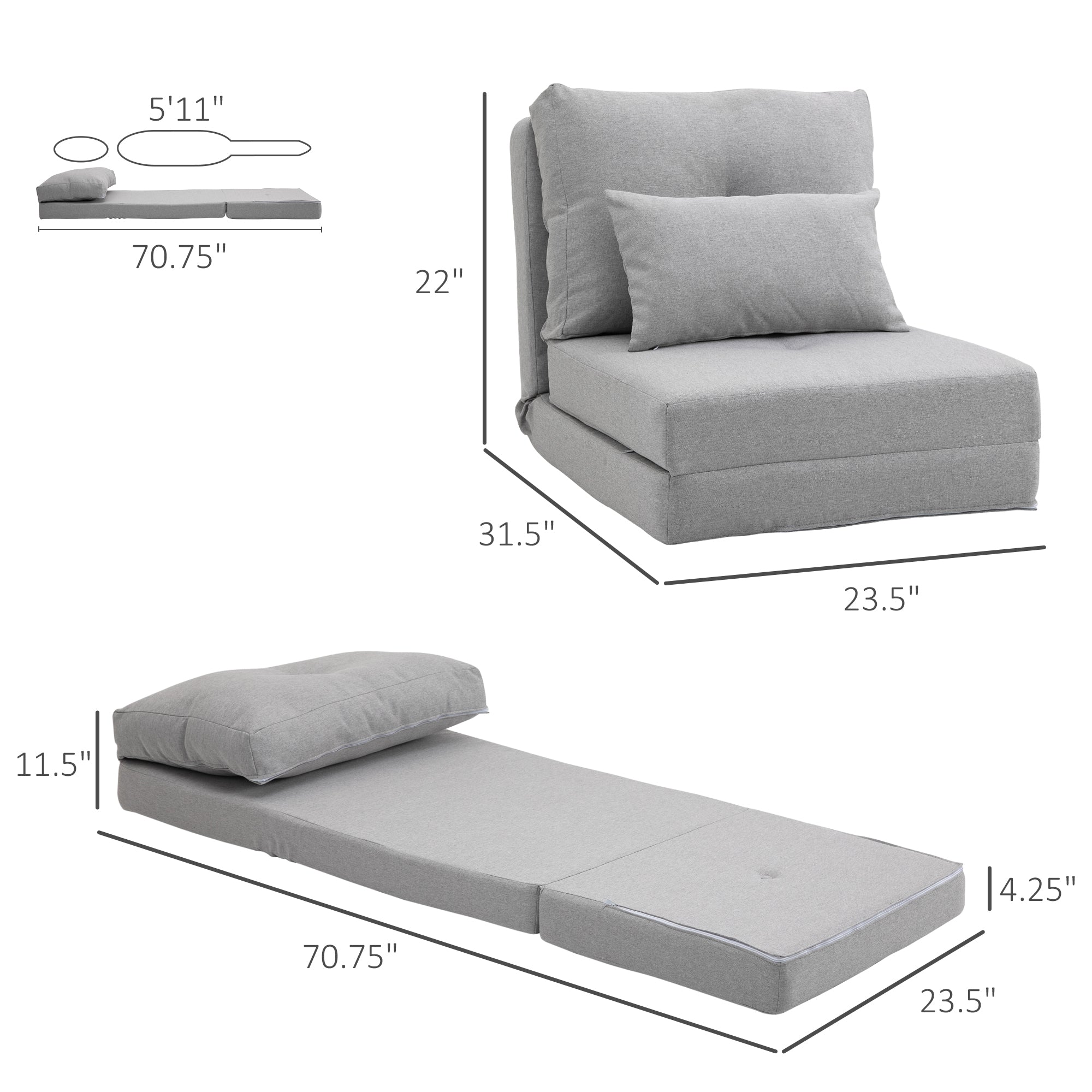 Convertible Flip Chair Folding Upholstered Couch Bed with Adjustable Backrest Light Grey