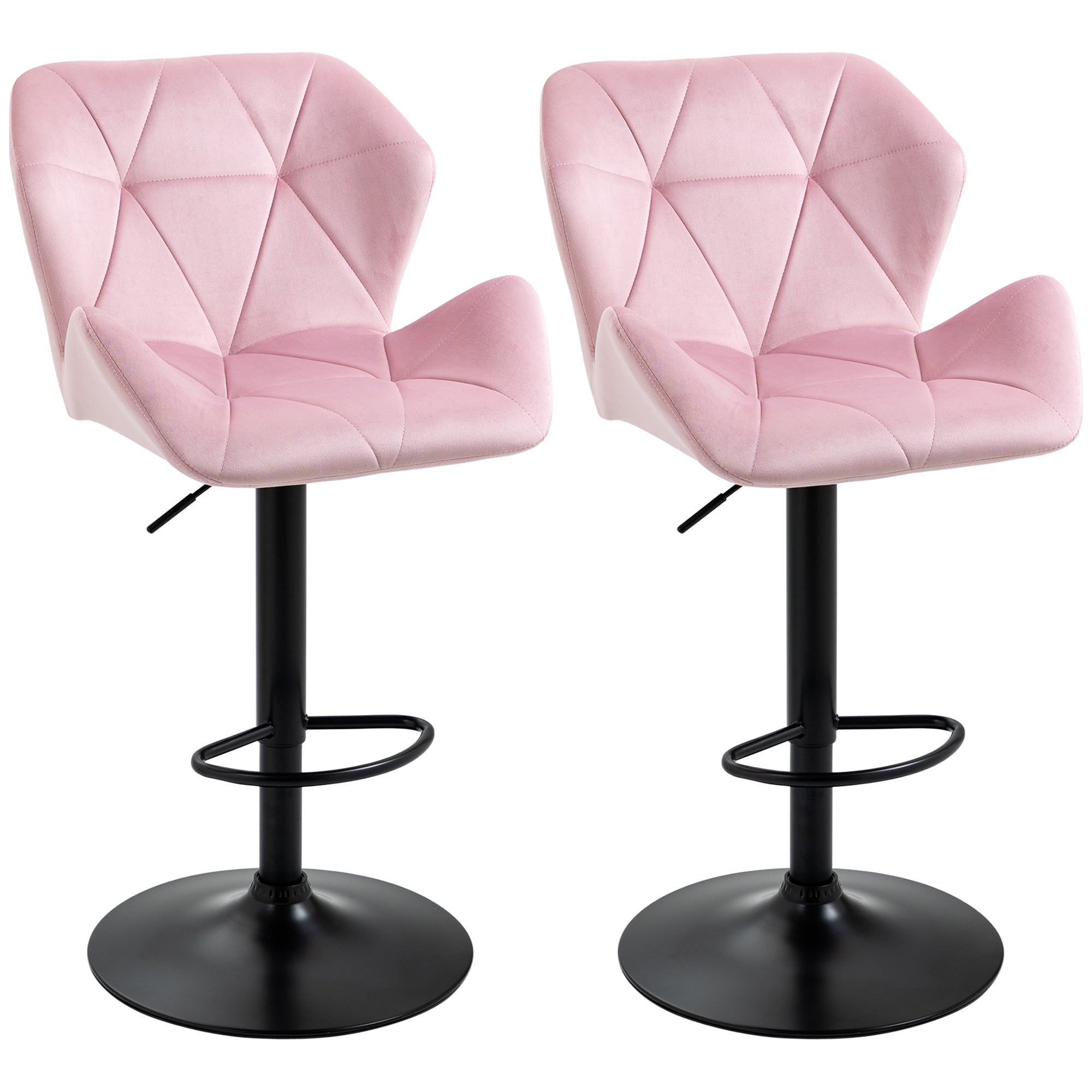 HOMCOM Adjustable Bar Stools Set of 2, Tufted Swivel Barstool with Back, Wide Seat and Footrest, Velvet Upholstered Bar Chairs for Kitchen, Dining Room, Pink