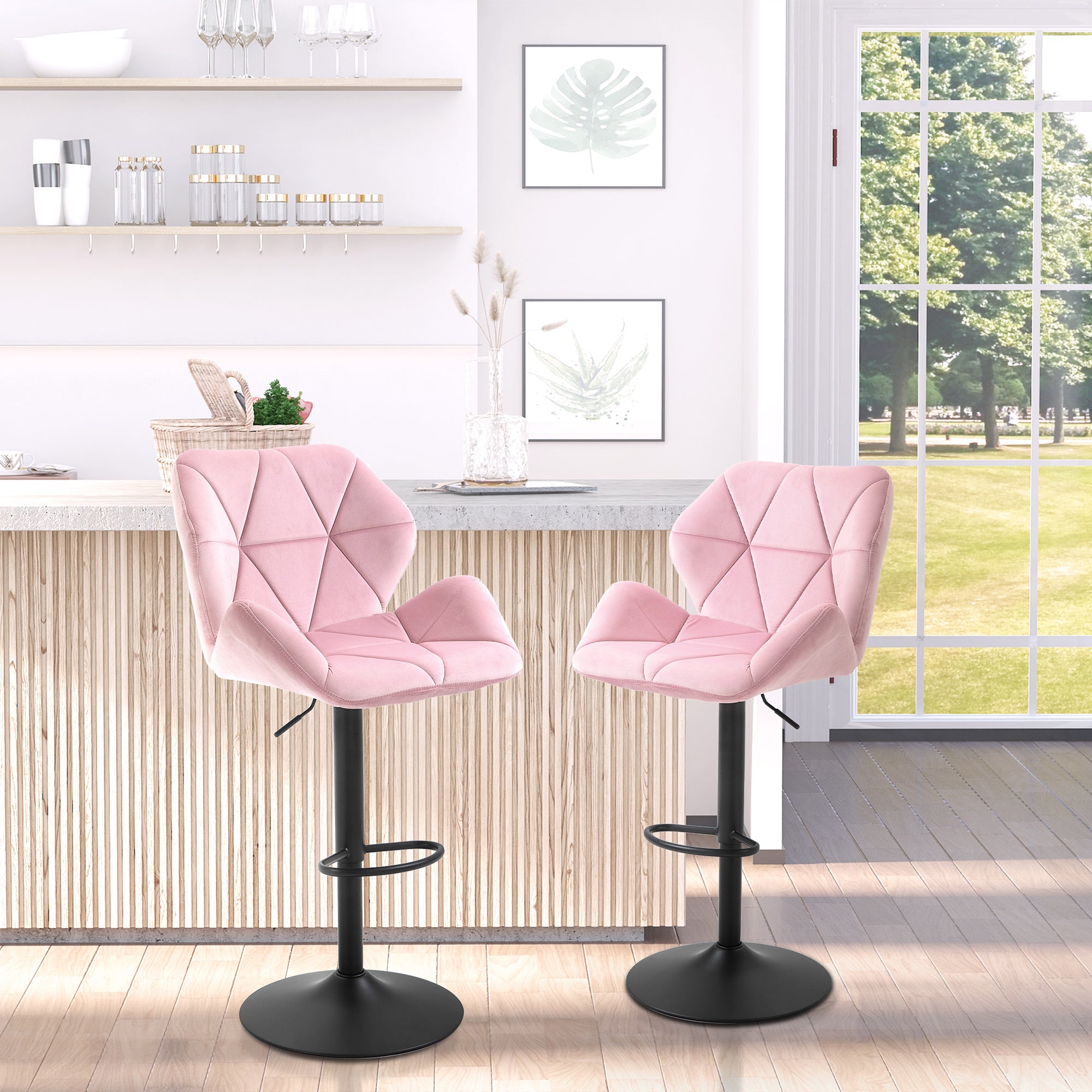 HOMCOM Adjustable Bar Stools Set of 2, Tufted Swivel Barstool with Back, Wide Seat and Footrest, Velvet Upholstered Bar Chairs for Kitchen, Dining Room, Pink