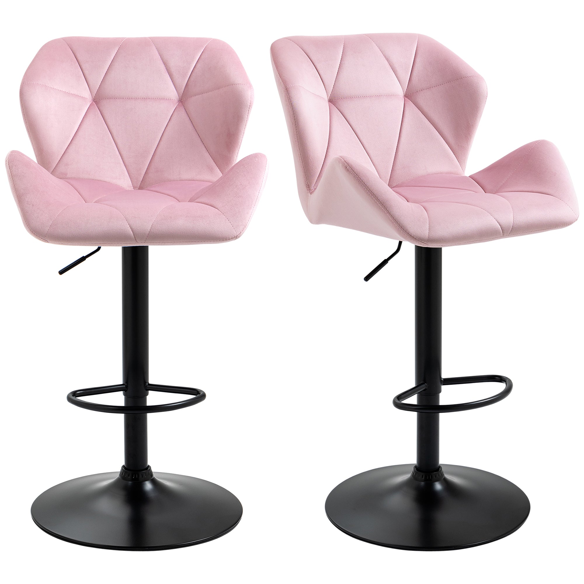 HOMCOM Adjustable Bar Stools Set of 2, Tufted Swivel Barstool with Back, Wide Seat and Footrest, Velvet Upholstered Bar Chairs for Kitchen, Dining Room, Pink