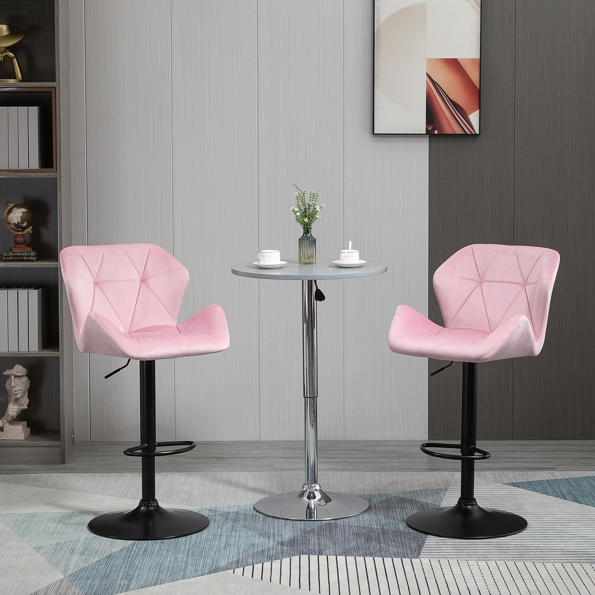 HOMCOM Adjustable Bar Stools Set of 2, Tufted Swivel Barstool with Back, Wide Seat and Footrest, Velvet Upholstered Bar Chairs for Kitchen, Dining Room, Pink