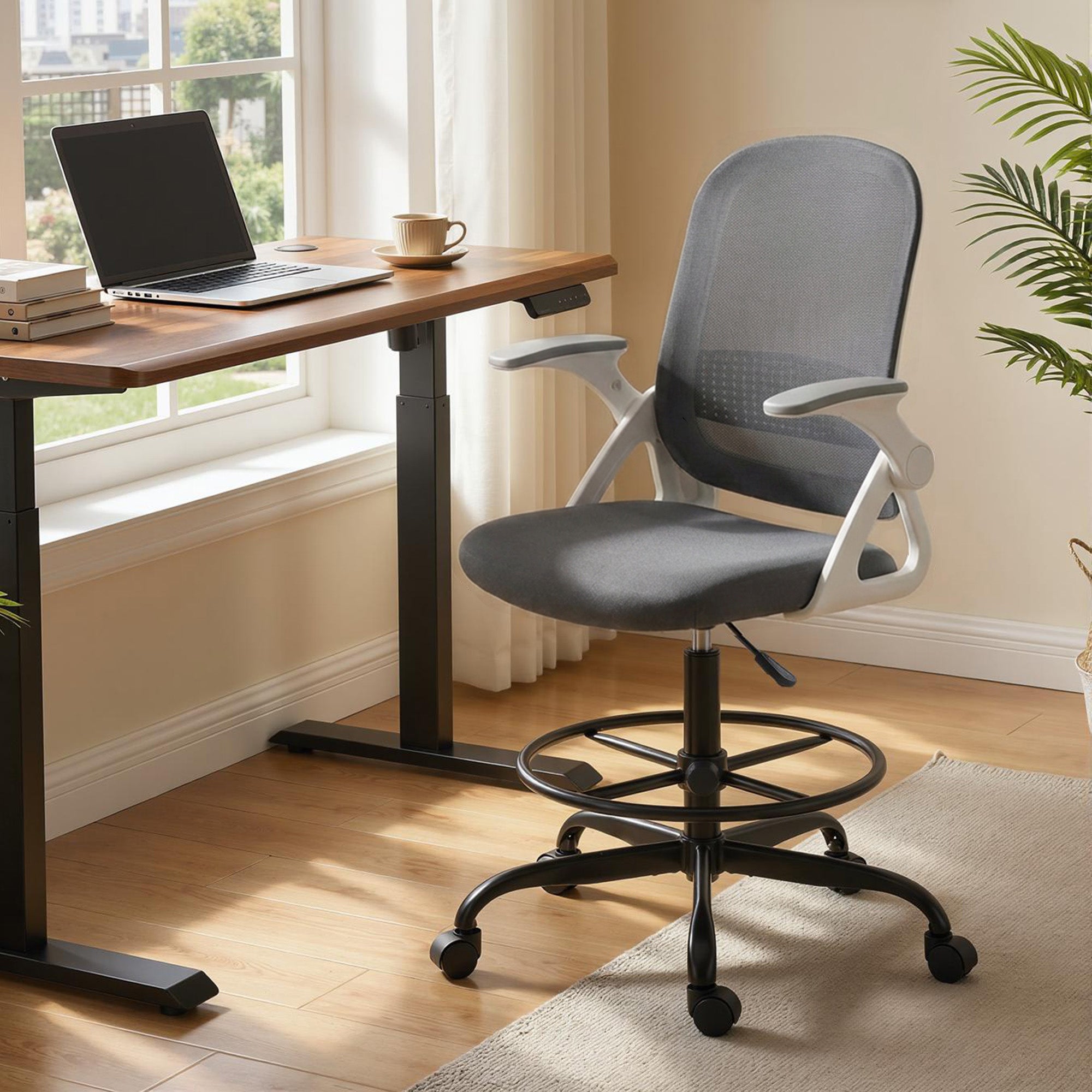 Drafting Chair, Mesh Standing Desk Chair with Flip-up Armrests, Adjustable Height and Footrest, Lumbar Support, Rolling Wheels for Home Office, Grey