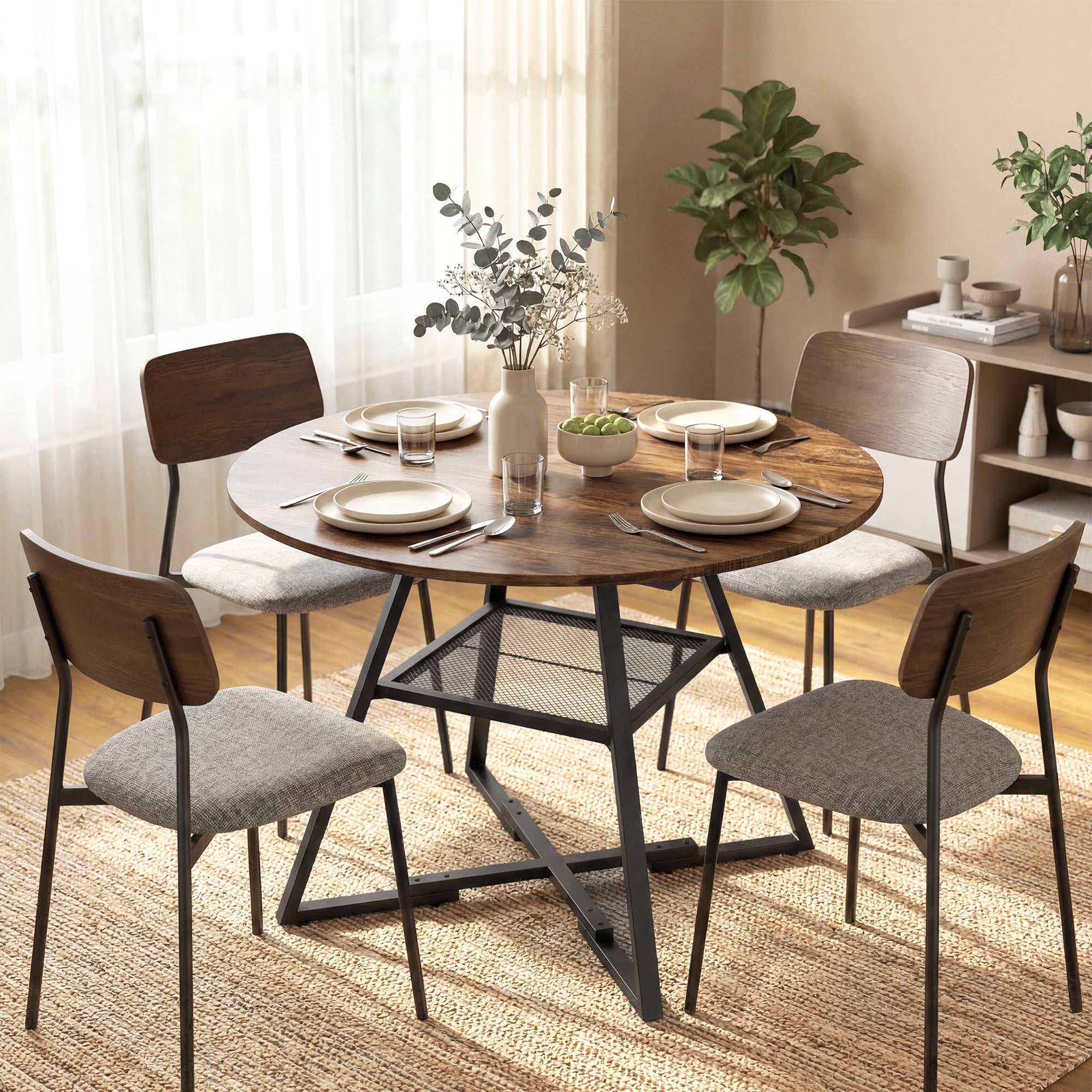 Dining Table for 4 People, 100 cm Round Industrial Kitchen Table with Storage Shelf, Wood Effect Tabletop, Metal Base for Kitchen, Dining Room, Living Room, Rustic Brown