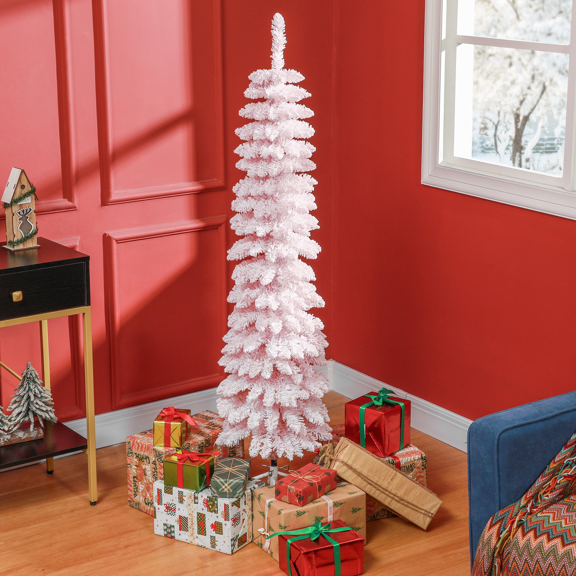 HOMCOM 5 FT Snow-Flocked Artificial Christmas Tree, Slim Pencil Xmas Tree with Realistic Branches, Metal Base, Pink