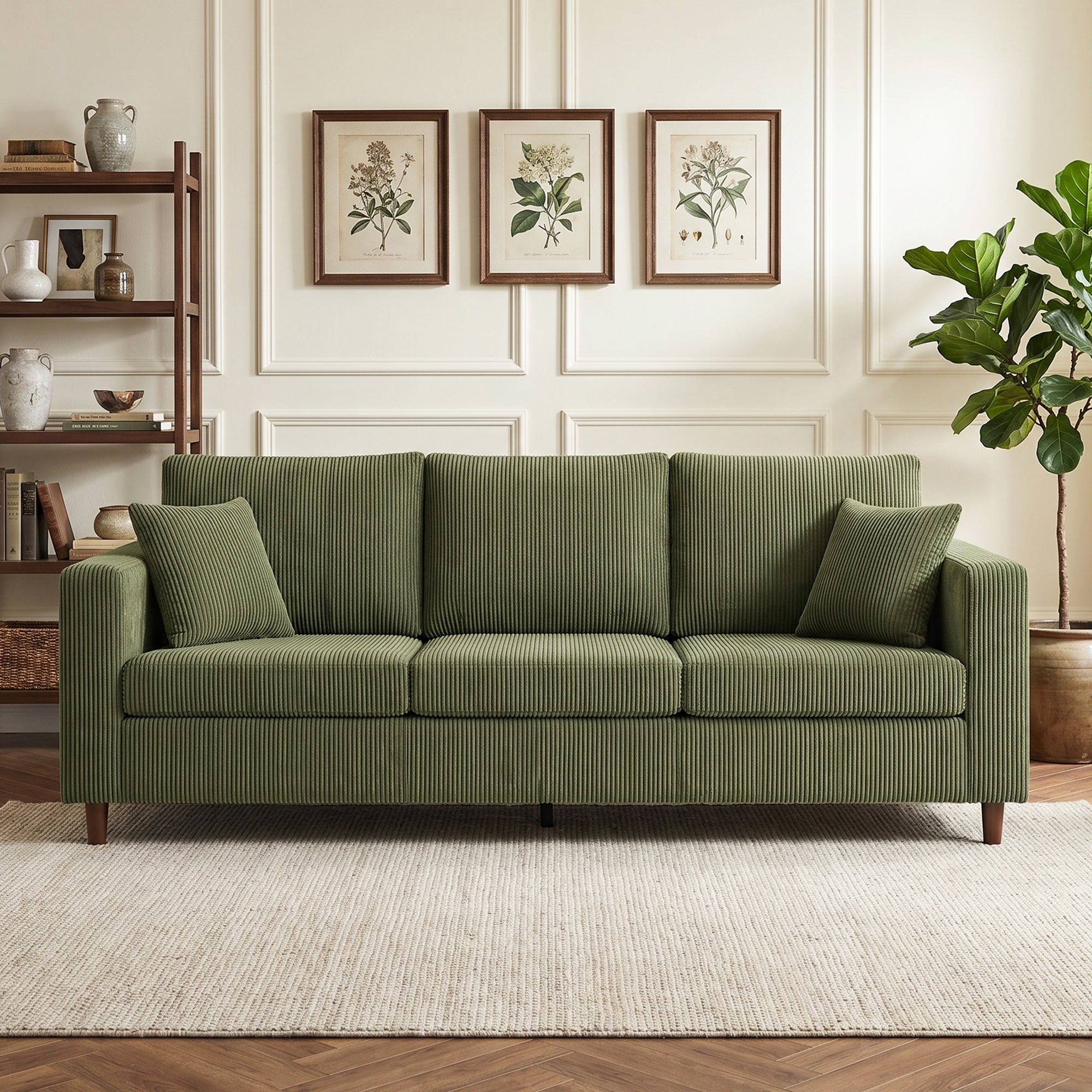 3 Seater Sofa, 225 cm Comfy Corduroy Couch with Wide Deep Seat, Wide Armrests, Spring Cushion, Thick Padded, Solid Wood Legs, Fabric Sofa for Living Room, Green