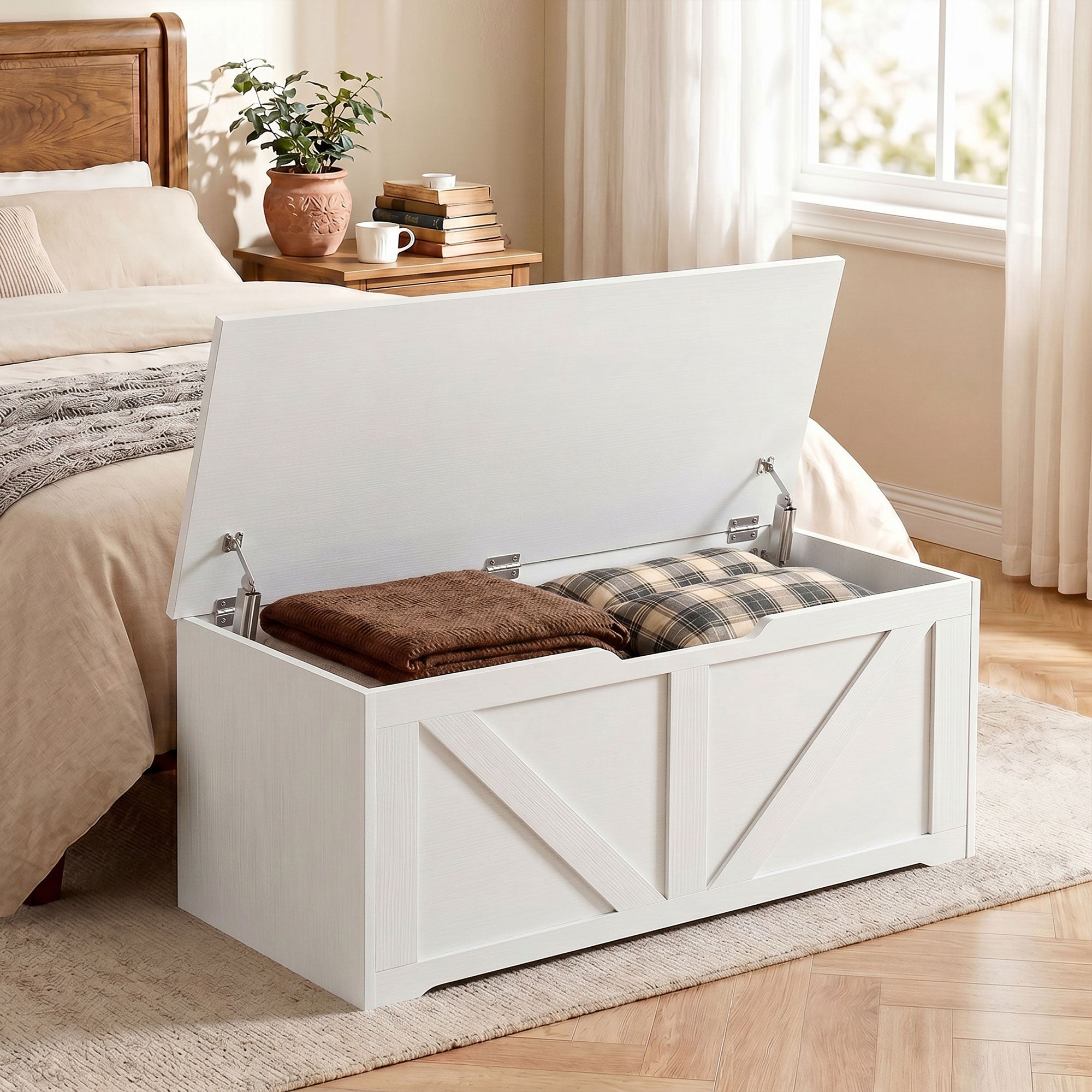 127L Storage Chest, Shoe Storage Trunk Bench Box with 2 Safety Hinges and U-shaped Cut-out Pull, Blanket Box Ottoman for Bedroom, Living Room, Entryway, 100 x 40 x 45 cm, White Wood-Effect