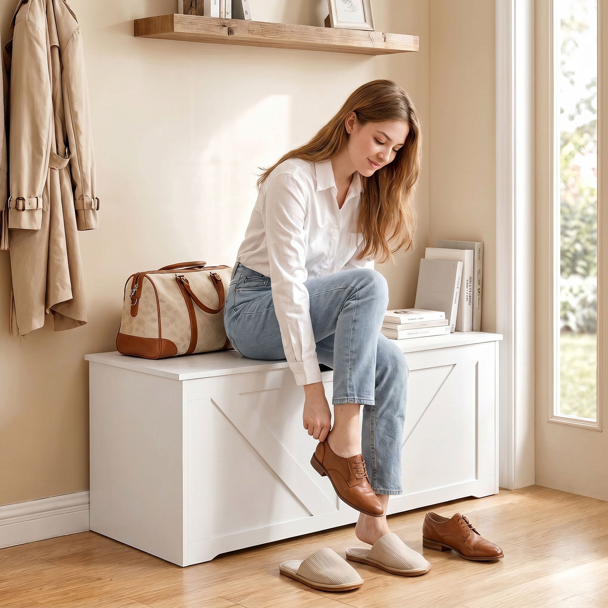 127L Storage Chest, Shoe Storage Trunk Bench Box with 2 Safety Hinges and U-shaped Cut-out Pull, Blanket Box Ottoman for Bedroom, Living Room, Entryway, 100 x 40 x 45 cm, White Wood-Effect