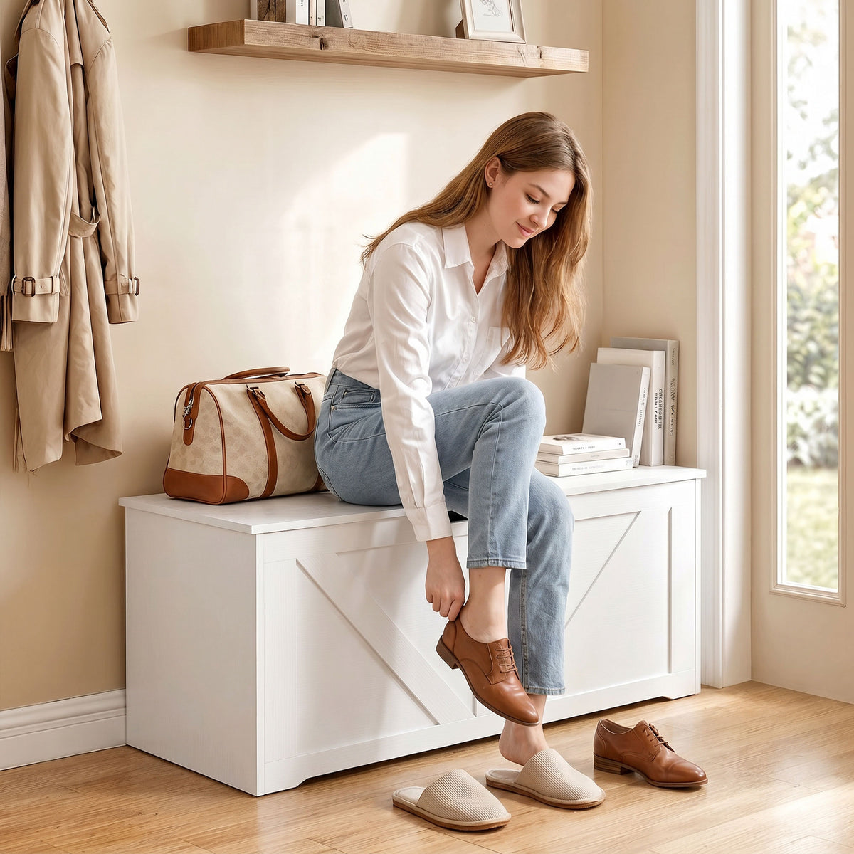 Storage Chest, Storage Bench with 2 Safety Hinges and U-shaped Cut-out Pull for Living Room, Entryway, 39.4" x 15.7" x 17.7", Supports 300 lbs, White Wood Grain